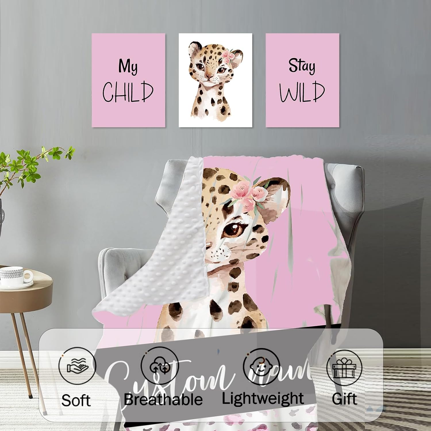 Personalized Nursery Crib Bedding Set: Custom Name Pink 5 Piece Baby Crib Sets with Leopard Design - Toddler Double Layer Blanket Set, Comfortable Crib Bed Sheets for Baby Grils