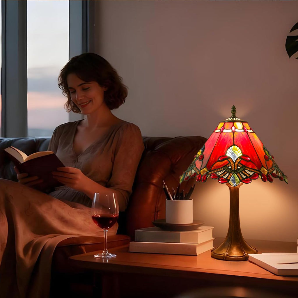 Tiffany Style Table Lamp, Small Stained Glass Lamp for Bedside, Bedroom, Nightstand, Living Room, 12 Inch Mini Vintage Light Included E26 Bulbs with Remote Control (Red Umbrella)