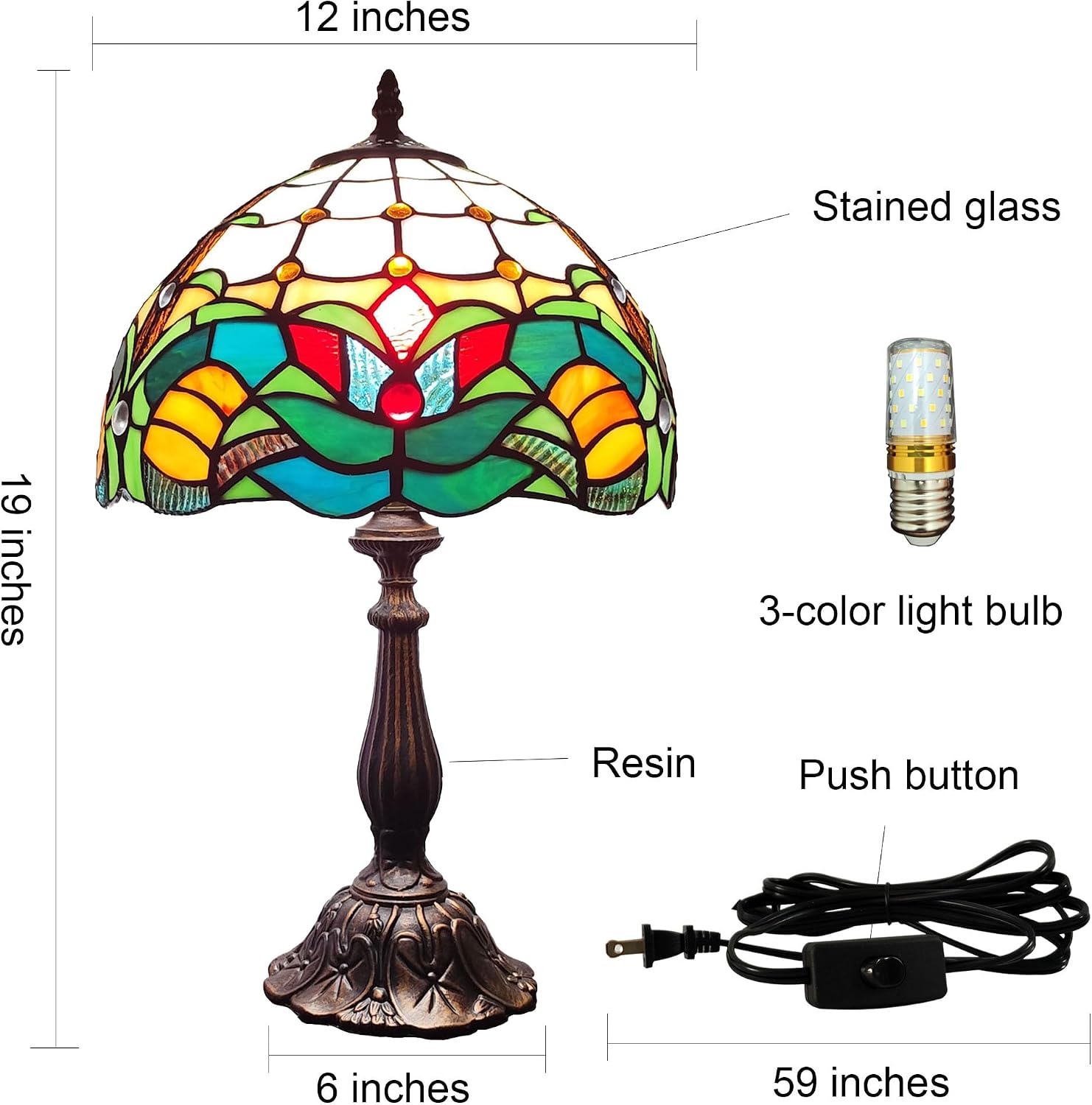 Tiffany Table Lamp Green Flowers Style Stained Glass Desk Light 12 Inch Tiffany Style Bedside Lamp with LED Bulb for Bedroom Living Room Office Decor