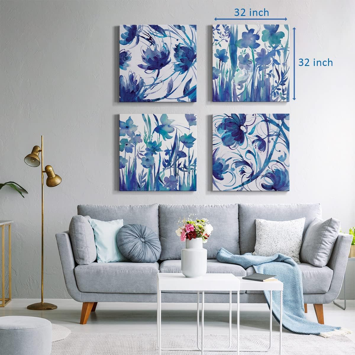 Renditions Gallery Bedroom Wall décor Blue Flower Wall Art 4 Pieces Set, 32 x 32 inches Each, Modern Abstract Painting Canvas Prints Artwork for Home, Office, Cabin, Guest Room