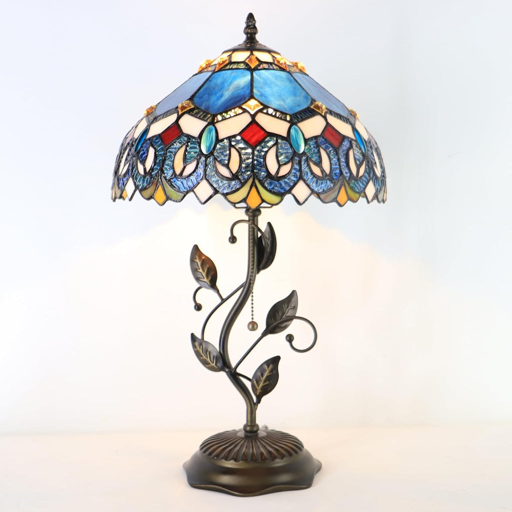 Tiffany Table Lamp, Stained Glass Style Desk Lamp, 12X12X19 Inch,Bedside Reading Light, Metal Leaf Base(Blue Baroque)