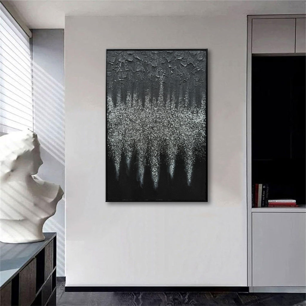 Framed Black Abstract Modern Oil Paintings, Glass Crystal Textured Wall Art, Vertical Contemporary Art, Glittery Crystal Artwork