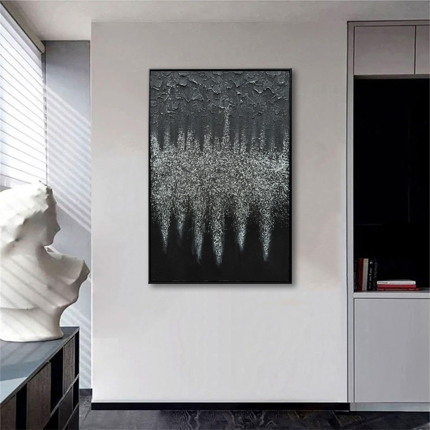 Framed Black Abstract Modern Oil Paintings, Glass Crystal Textured Wall Art, Vertical Contemporary Art, Glittery Crystal Artwork
