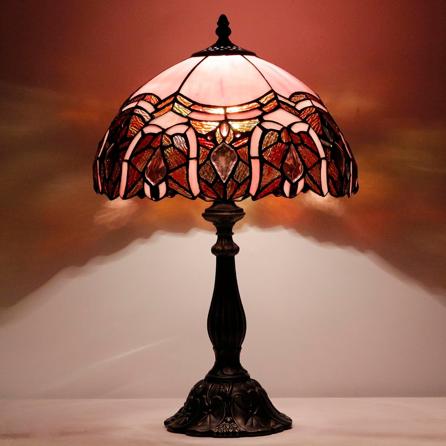 Tiffany Lamp Touch Control Table Lamp Pink Stained Glass Desk Lamp 12X12X19 Inches Jewelry Style Reading Light