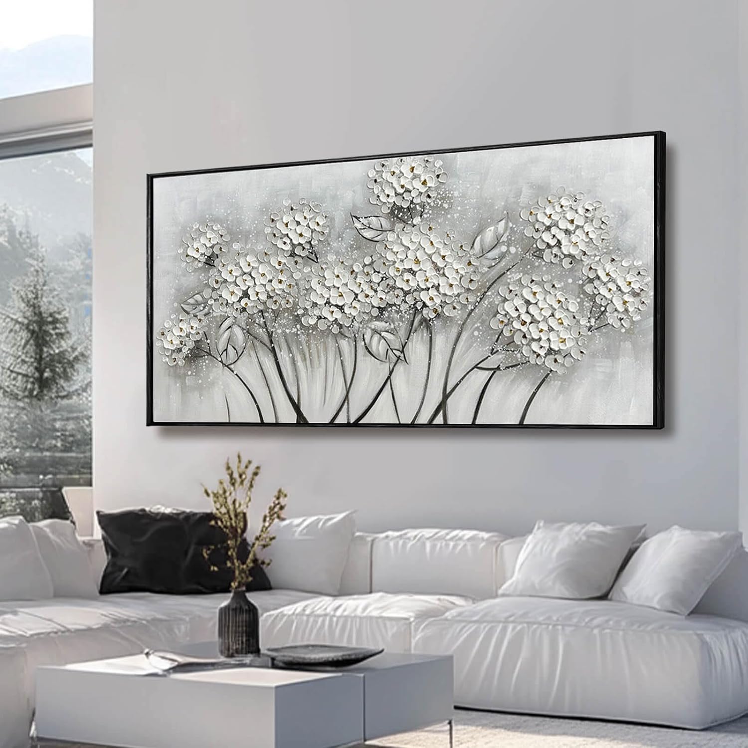 Kureful Large Artwork Flowers Oil Painting Modern Home Decorations Floral Canvas Pictures for Living Room Bedroom Kitchen Office 29' x 58' (White)