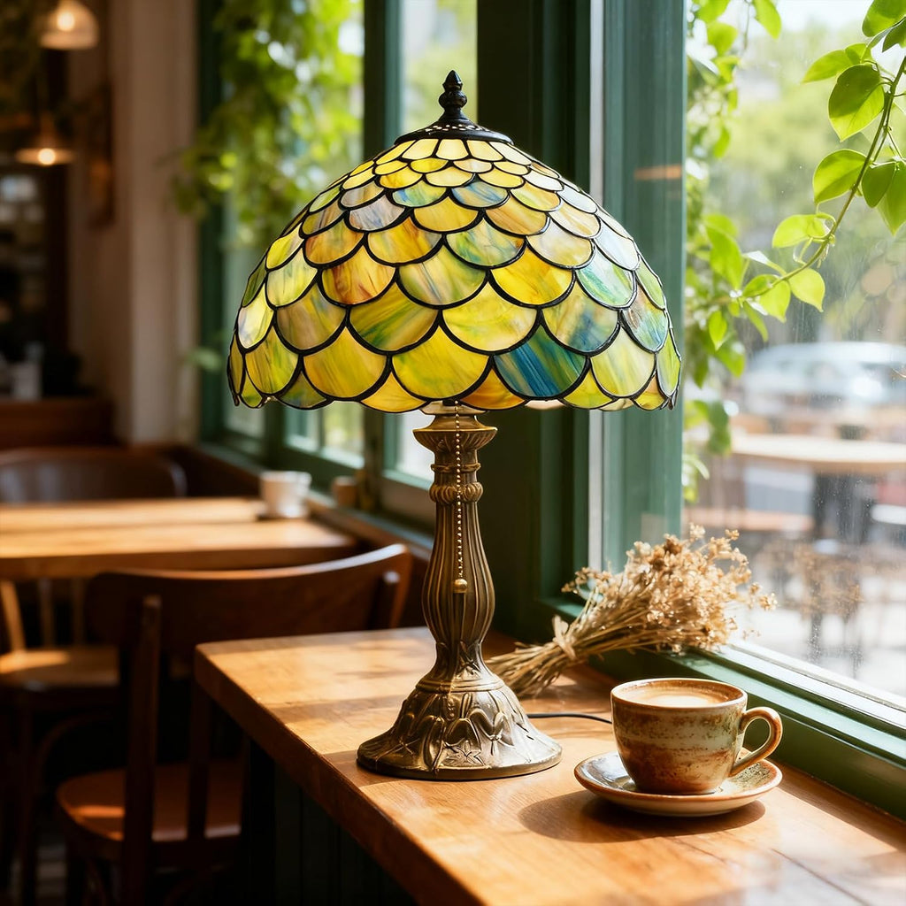 MOAN Lamp Stained Glass Table Lamp 12X12X19 Inch Bedside Reading Light Antique Bronze Base(Green Fish Scale Style)