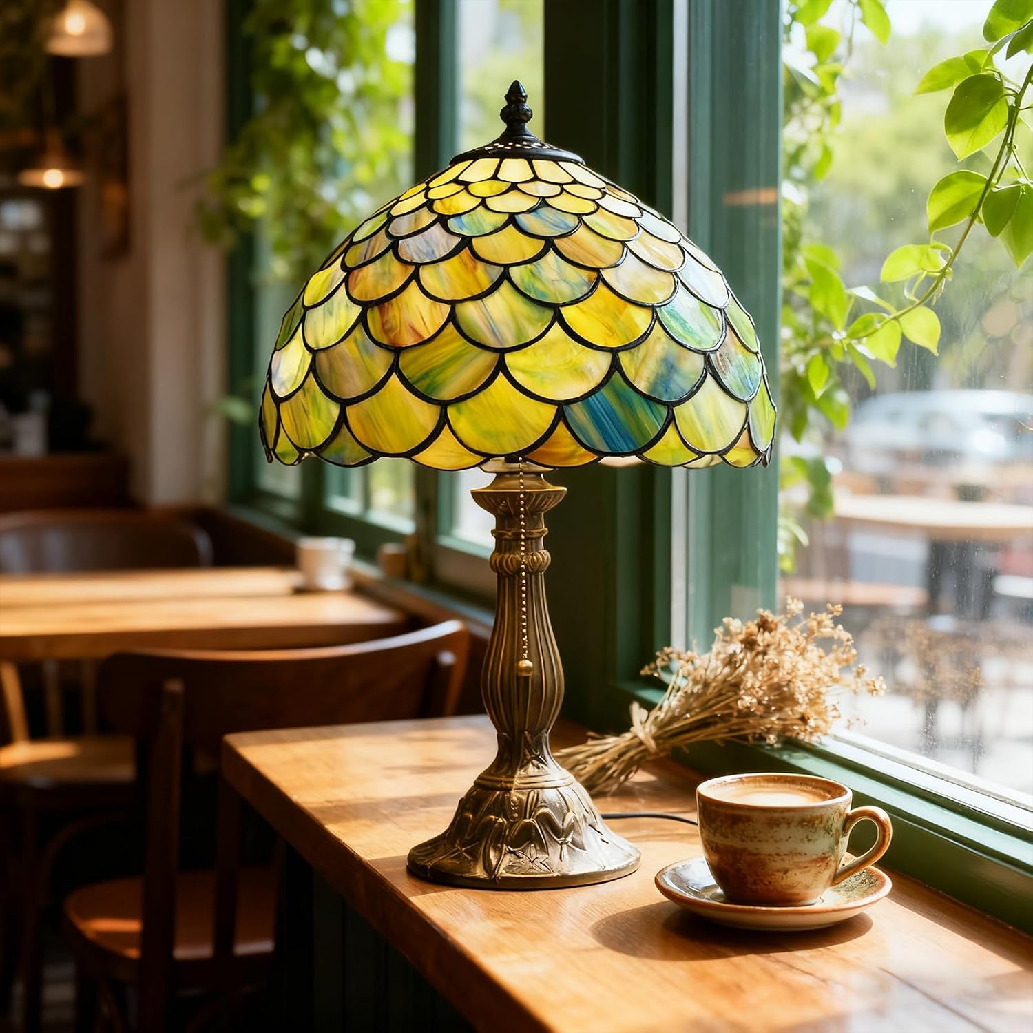 MOAN Lamp Stained Glass Table Lamp 12X12X19 Inch Bedside Reading Light Antique Bronze Base(Green Fish Scale Style)