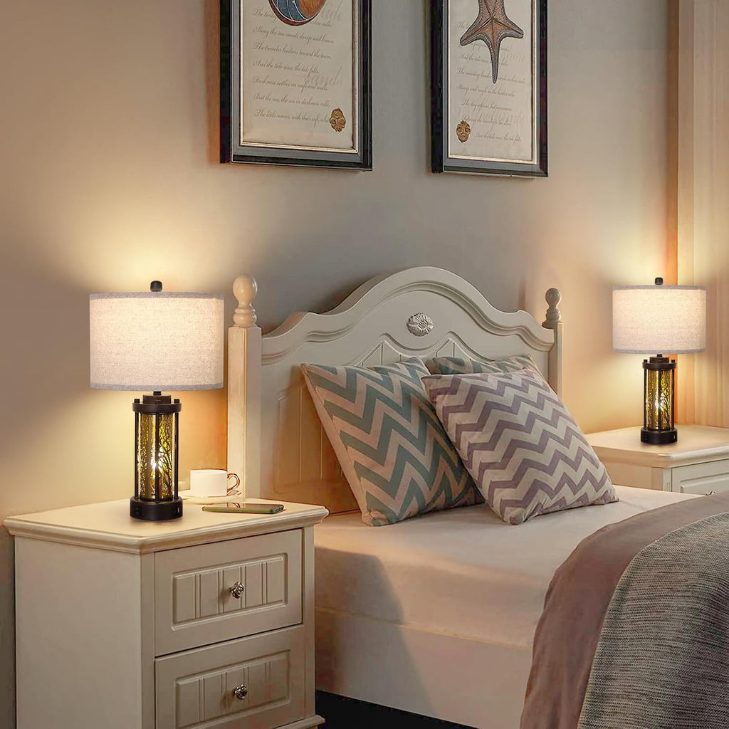 Set of 2 Gold and Bronze Farmhouse Table Lamp,Vintage Bedside Lamp,Rustic Desk Lamp for Bedroom/Living Room/Entryway/Patio/Dining Table,with 2 USB Charging Ports,Bulbs Included,UL Listed
