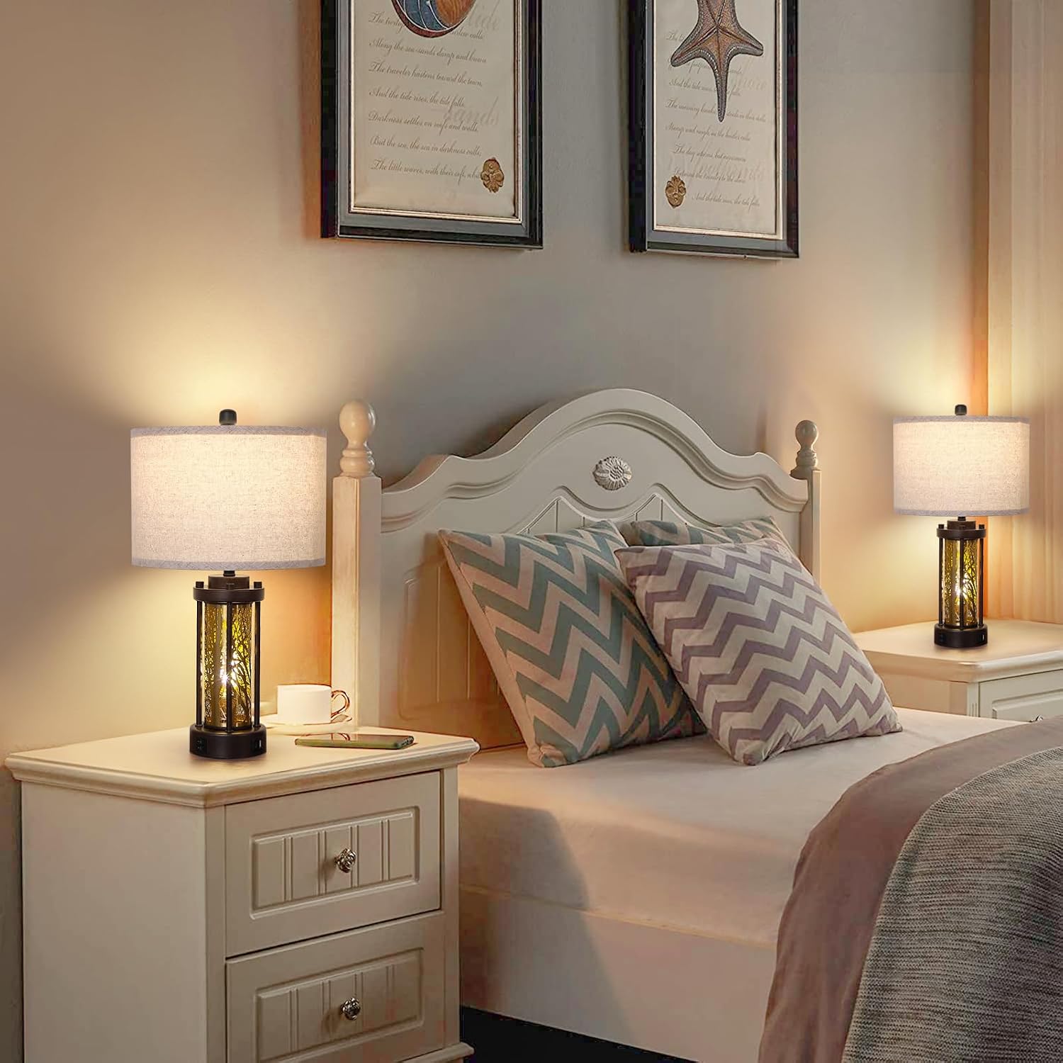 Set of 2 Gold and Bronze Farmhouse Table Lamp,Vintage Bedside Lamp,Rustic Desk Lamp for Bedroom/Living Room/Entryway/Patio/Dining Table,with 2 USB Charging Ports,Bulbs Included,UL Listed