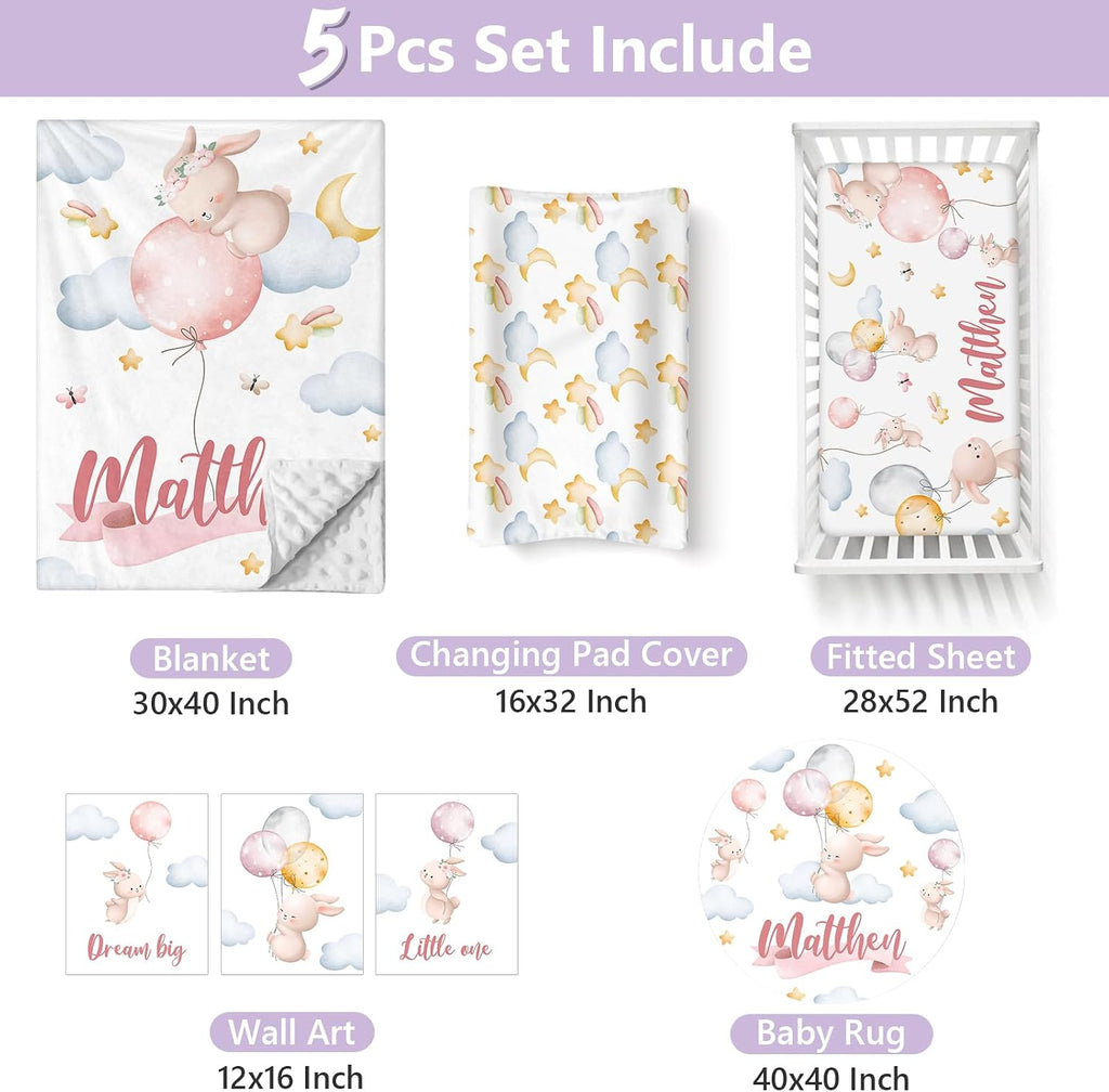Custom Baby Crib Bedding Set, 5 PCS Personalized Name Baby Crib Sets for Girls Boys, Pink Rabbit Theme Nursery Bedding Sets for Infant Toddler, Double Layer Flannel Bed Set Customized Gifts
