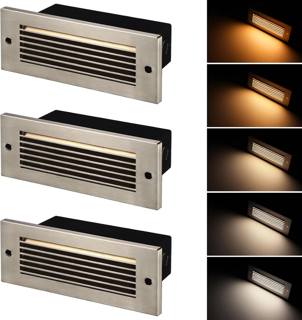 LEONLITE Update 5CCT LED Step Lights 120-277V, Dimmable 4.5W 300LM Anti-Glare LED Deck Steps Stair Lights Outdoor, 1800K2700K3000K4000K5000K, CRI 90, ETL, IP65 Waterproof, Satin Nickel, Pack of 3
