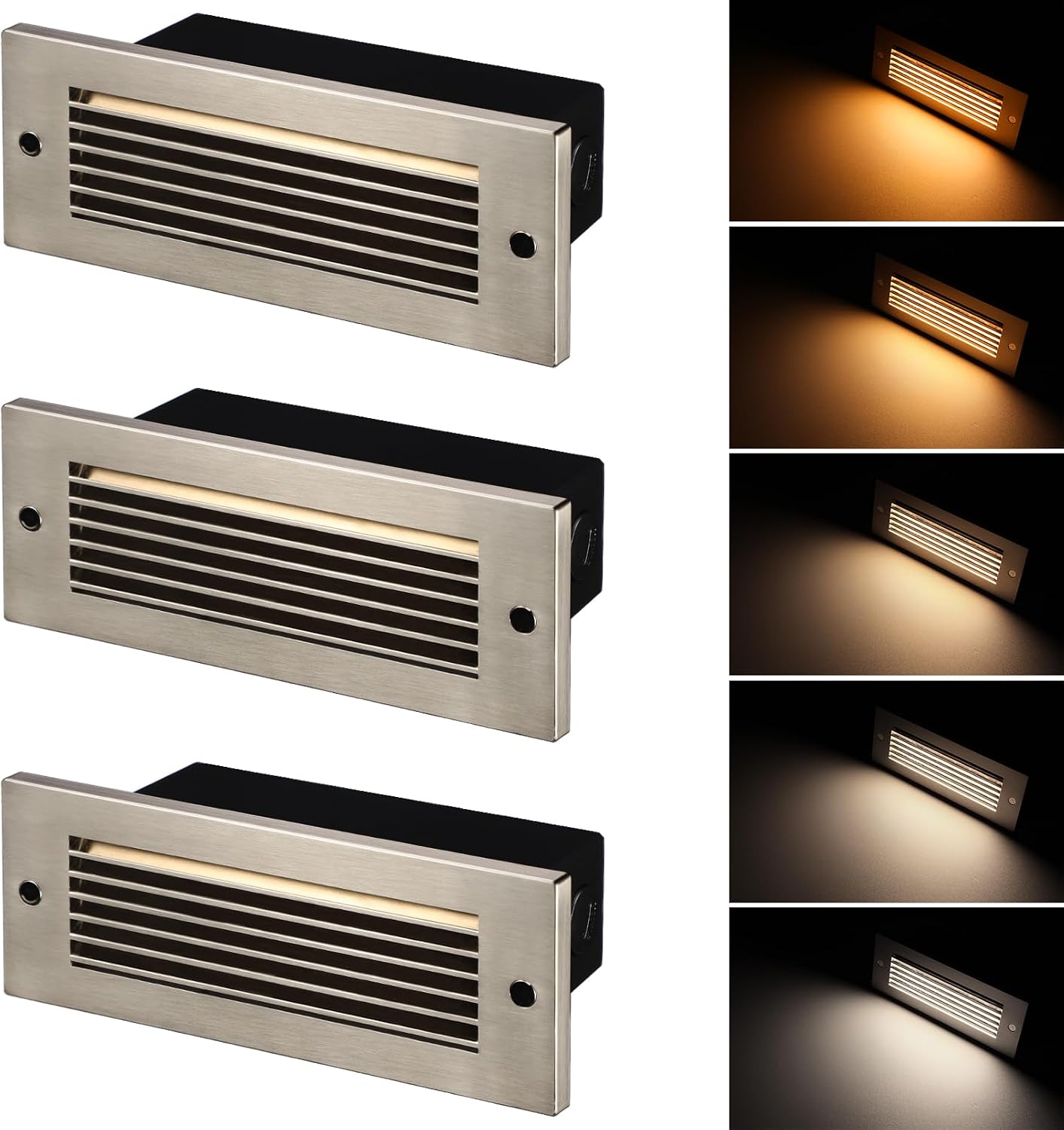 LEONLITE Update 5CCT LED Step Lights 120-277V, Dimmable 4.5W 300LM Anti-Glare LED Deck Steps Stair Lights Outdoor, 1800K2700K3000K4000K5000K, CRI 90, ETL, IP65 Waterproof, Satin Nickel, Pack of 3