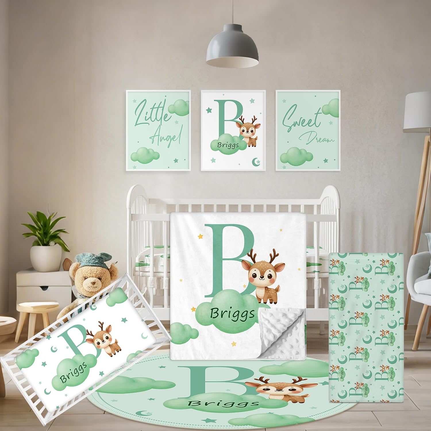 Terwex Personalized Crib Bedding Set, 5 Pcs Custom Nursery Bedding Sets with Name, Infant Bedding Set for Baby Girl Boy, Green Deer Double Layer Baby Crib Set, Toddlers Babies Kids Customized Gifts