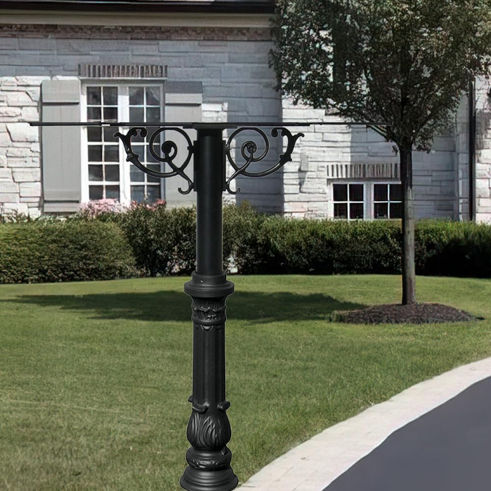 The Hanford Rust Free Cast Aluminum Quad Mailbox Post System with Ornate Base, Mounting Bracket and Scroll Supports, Mailboxes Sold Separately, Ships in 2 Boxes