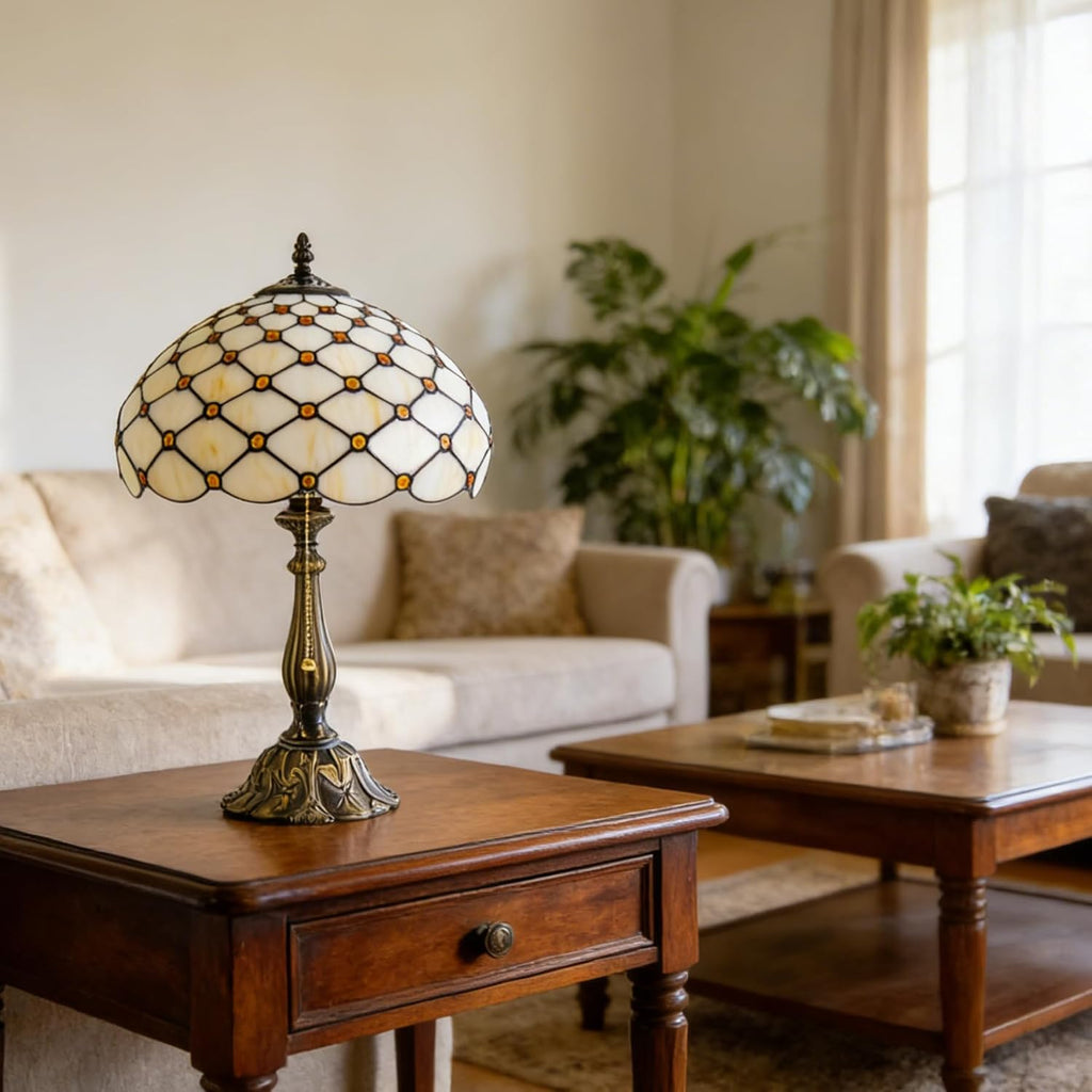 Tiffany Style Table Lamp, Amber White Bead Pearls Stained Glass Lamp with Antique Bronze Resin Base for Reading, Study, Bedside, Bedroom, Living Room, Office 12X12X19 Inch