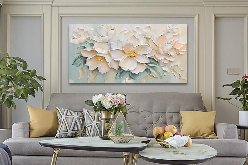 Anolyfi White Textured Flowers Large Canvas Wall Art for Living Room, Modern Aesthetic Sage Florals Painting Wall Decor for Bedroom Dining Room Office Home Decor 58'x29'