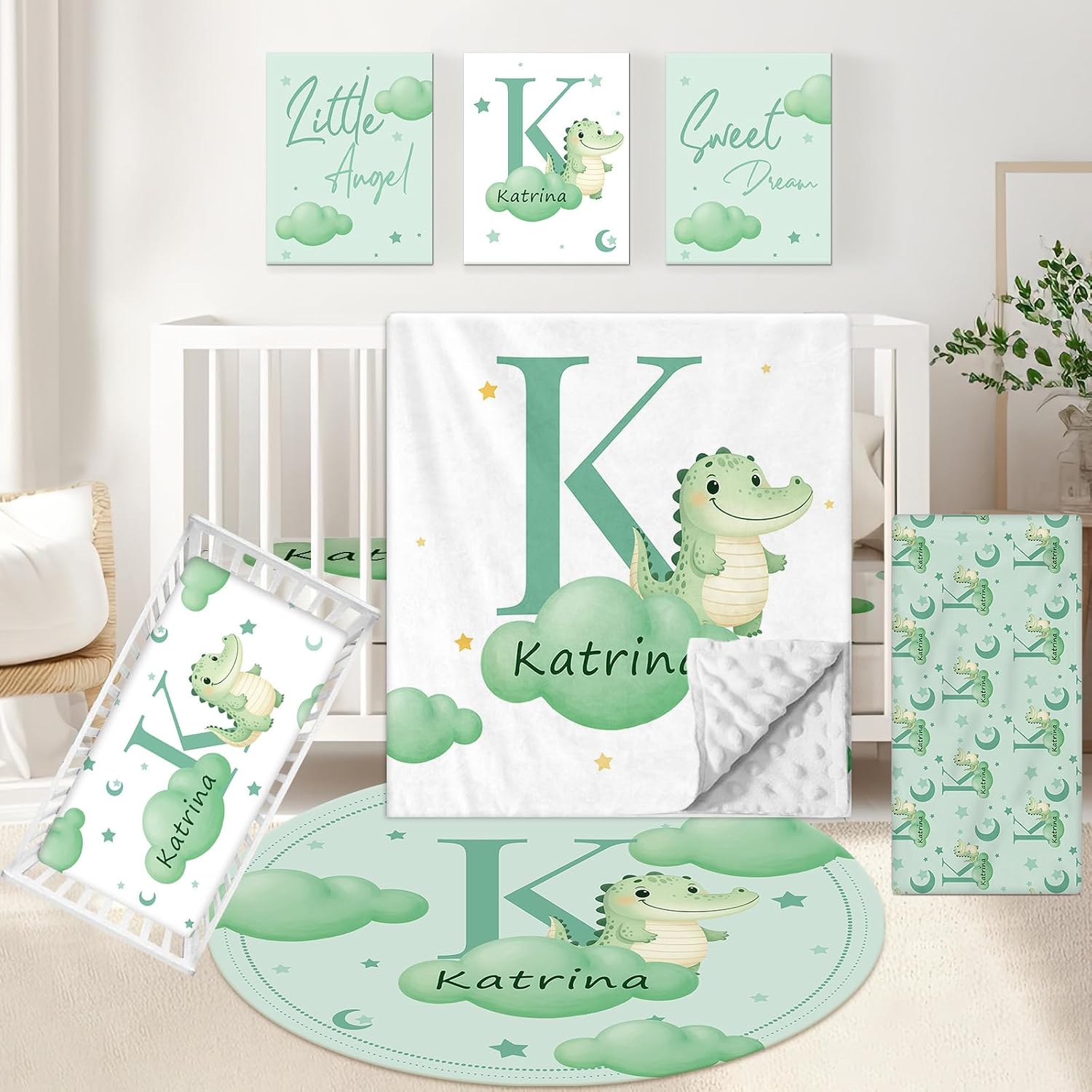 KAINSY Custom Crib Bedding Set, 5 Pcs Personalized Name Monogram Baby Crib Sets for Infants Toddlers, Green Alligator Nursery Bedding Set for Boys Girls, Soft Baby Bedding Sets Customized Gifts