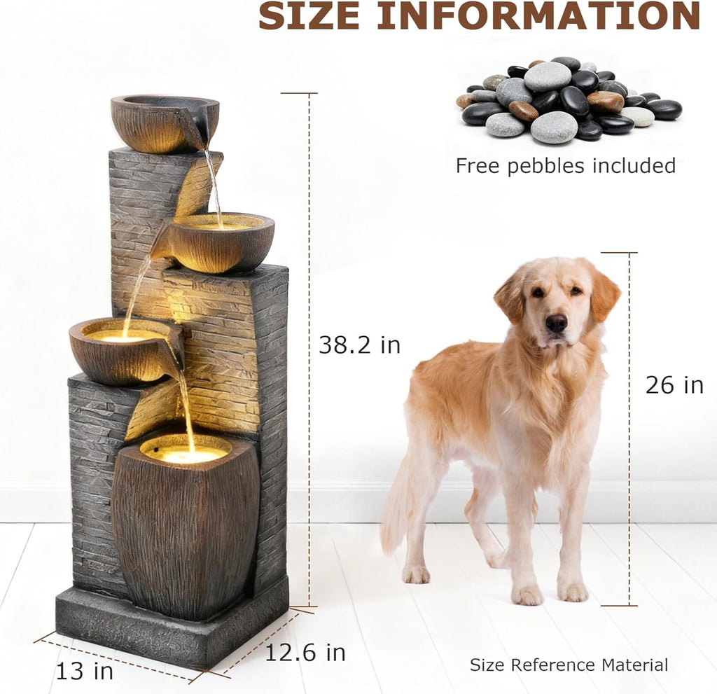 38.2' Tall Water Fountain Outdoor Garden,4 Tiers Modern Cascading Bowls and Stacked Stones Indoor Fountains with LED Lights for Garden, Patio, Deck, Porch, Backyard and Home Art Decor(Grey)