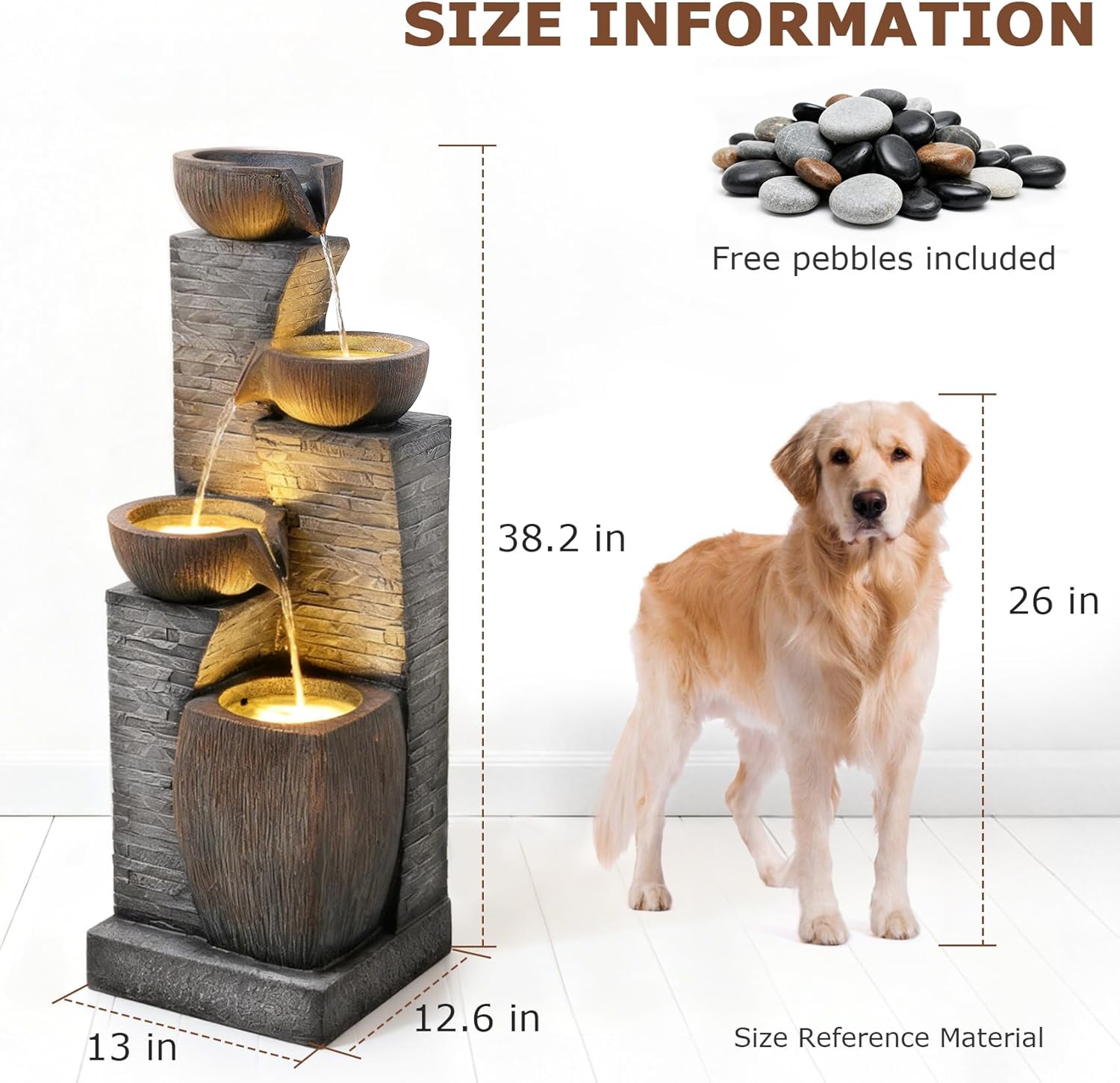 38.2' Tall Water Fountain Outdoor Garden,4 Tiers Modern Cascading Bowls and Stacked Stones Indoor Fountains with LED Lights for Garden, Patio, Deck, Porch, Backyard and Home Art Decor(Grey)