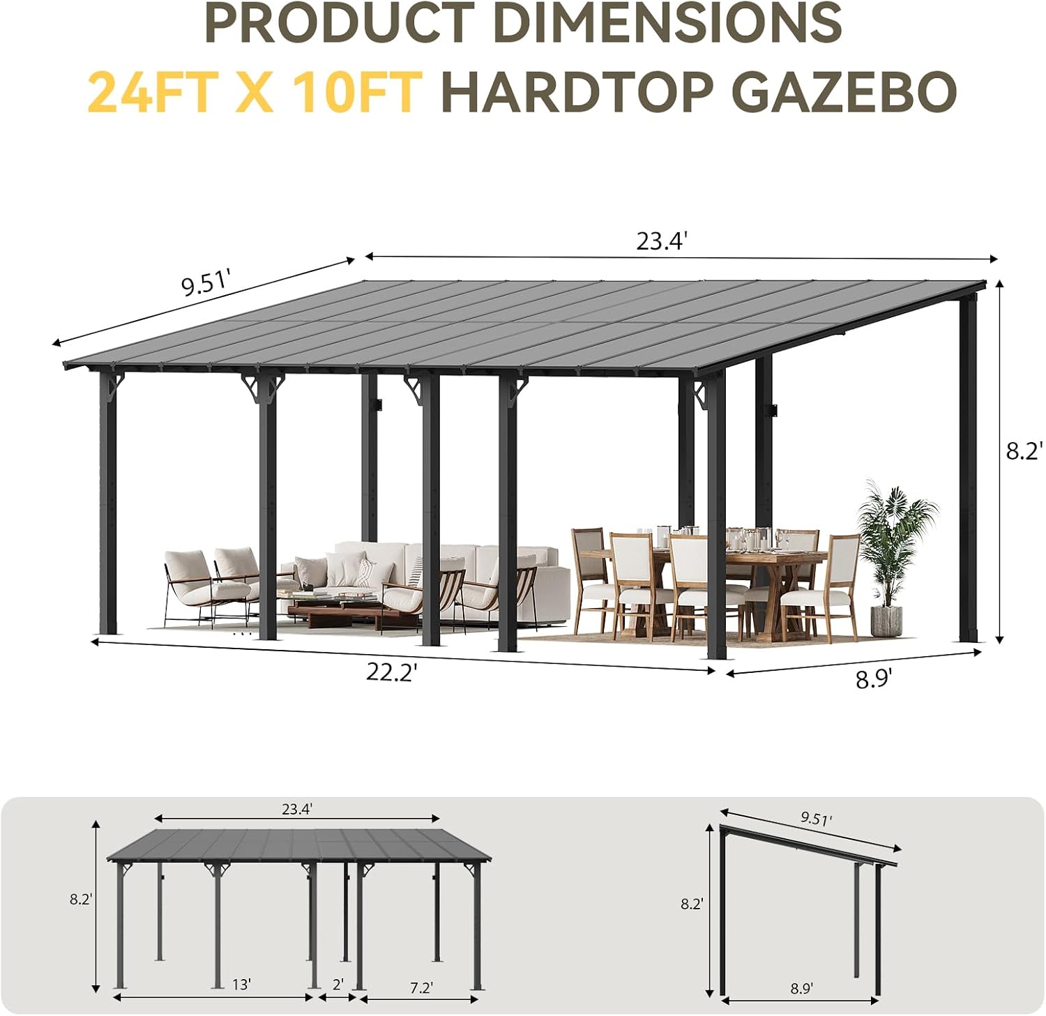 Aoxun 24' x 10' Pergola for Patio, Gazebo with Sloped Roof, Grill Pergola Large Wall-Mounted Heavy Duty Awnings, for Backyard, Deck, Patio