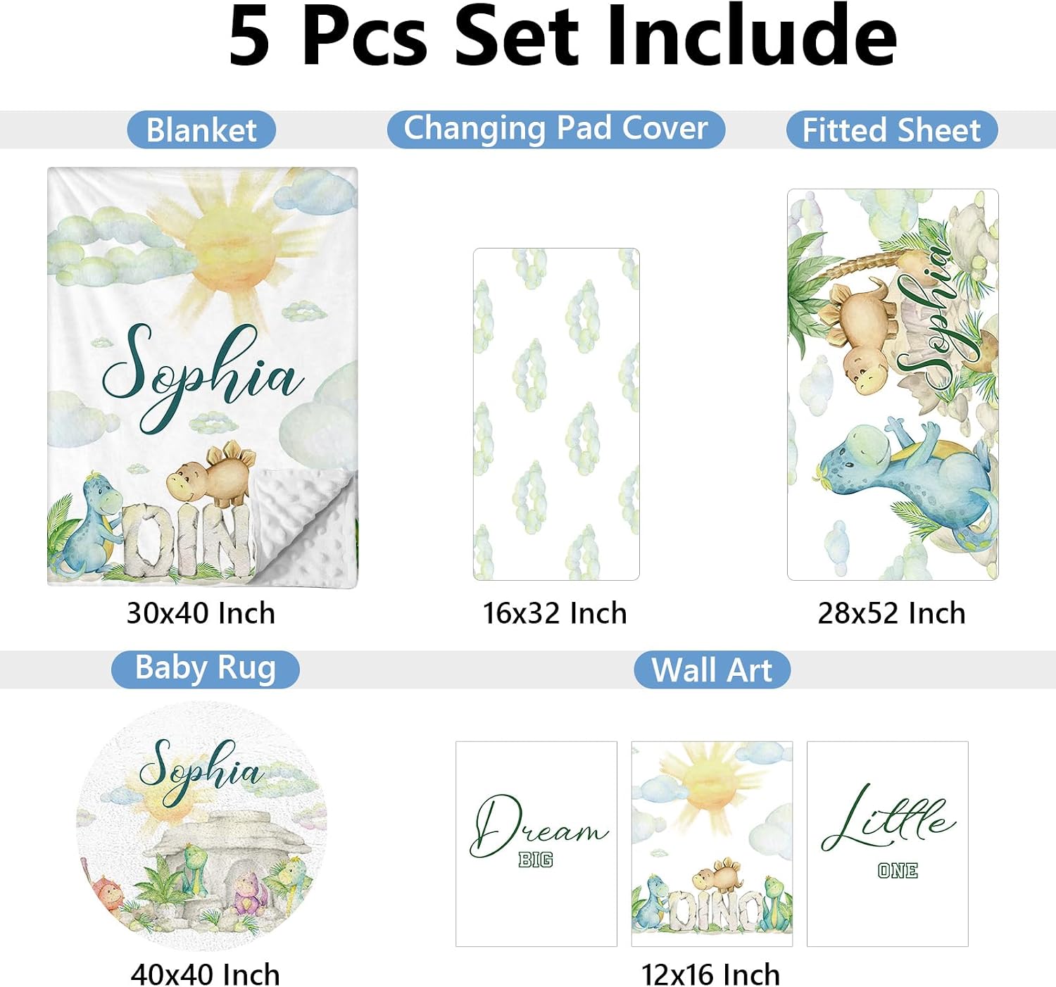 KAINSY Personalized Baby Crib Bedding Set, 5 Pcs Custom Set With Name, Soft Double Layer Nursery Bedding, Flannel Dinosaur Set for Boys, Toddlers Newborns Customized Gift