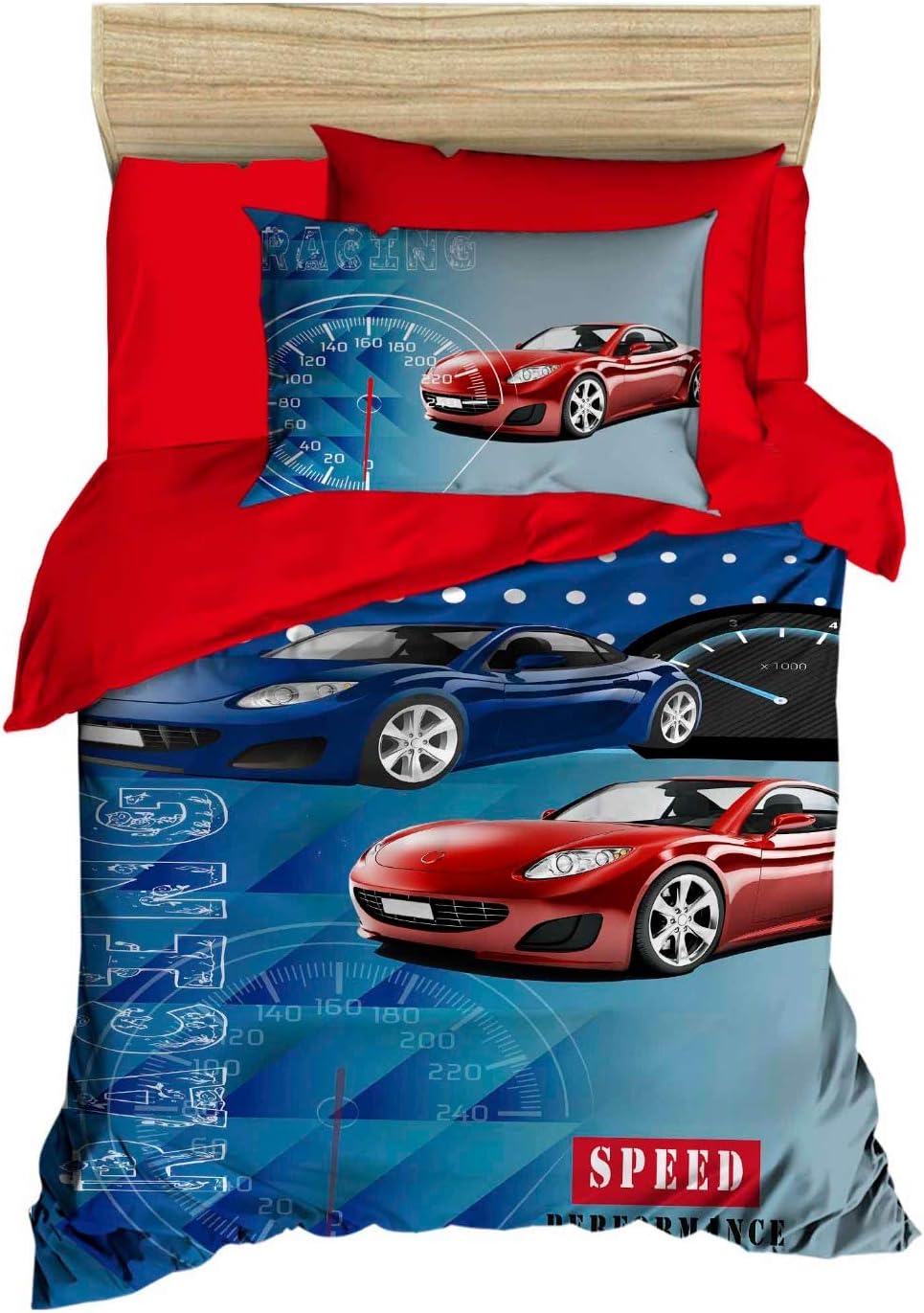 3D Printed 100% Cotton Cars Bedding Set, Blue Red Cars Themed Twin Size Quilt/Duvet Cover Set, Boys Bed Set, Comforter Included (5 Pcs)