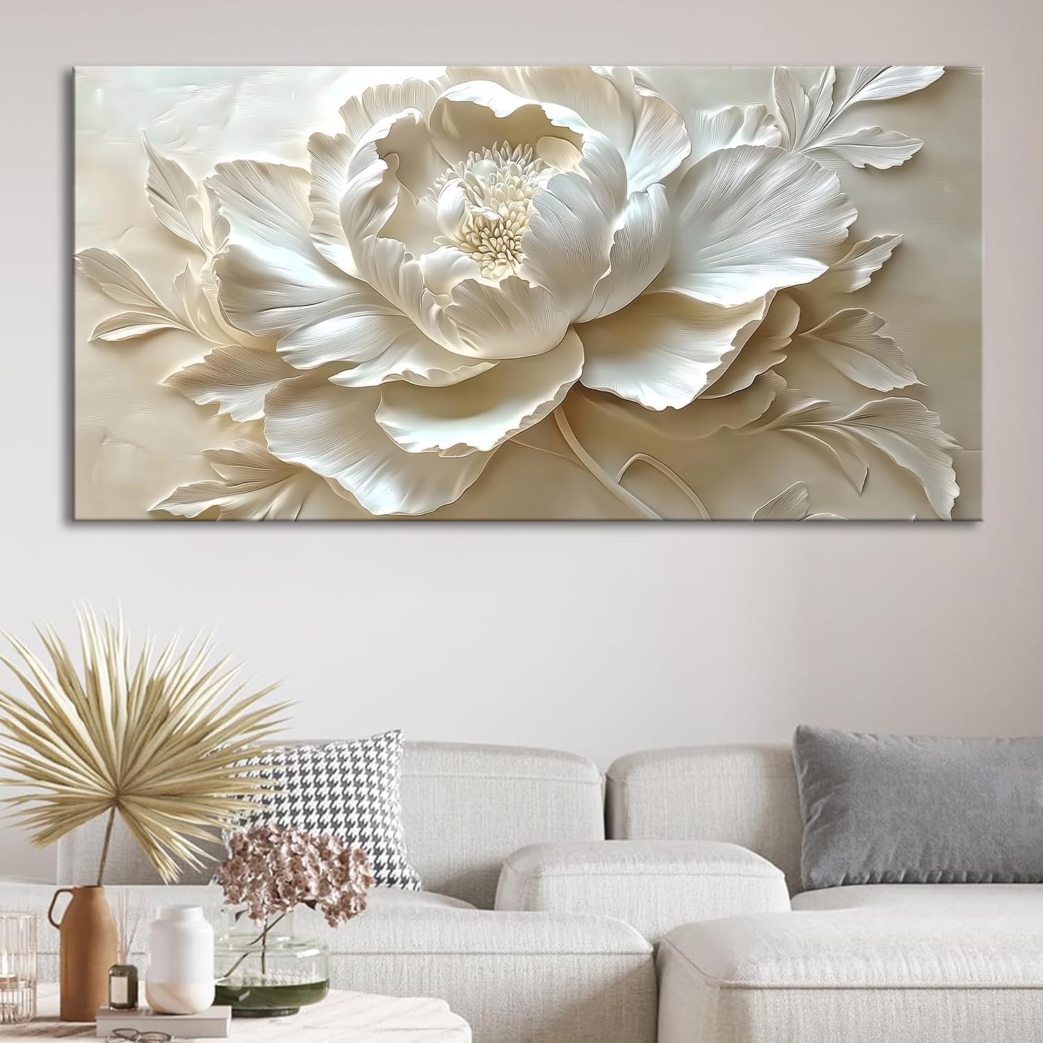 MooMel Large Framed Abstract White Flower Wall Art, Modern Canvas Wall Decor for Living Room Bedroom Dining Room Home Office, 29x58 Inch.
