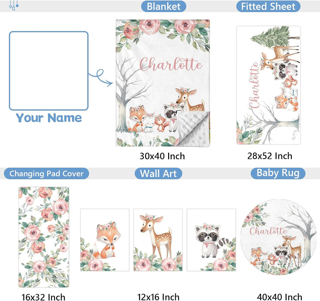 KAINSY Custom Crib Bedding Set 5 Piece for Girls Boys – Personalized Floral Animals Theme, Newborn Sleep Set, Nursery Decor, Toddler Room Essentials, Infant Sleep, Baby Room Accessories, Baby Gift