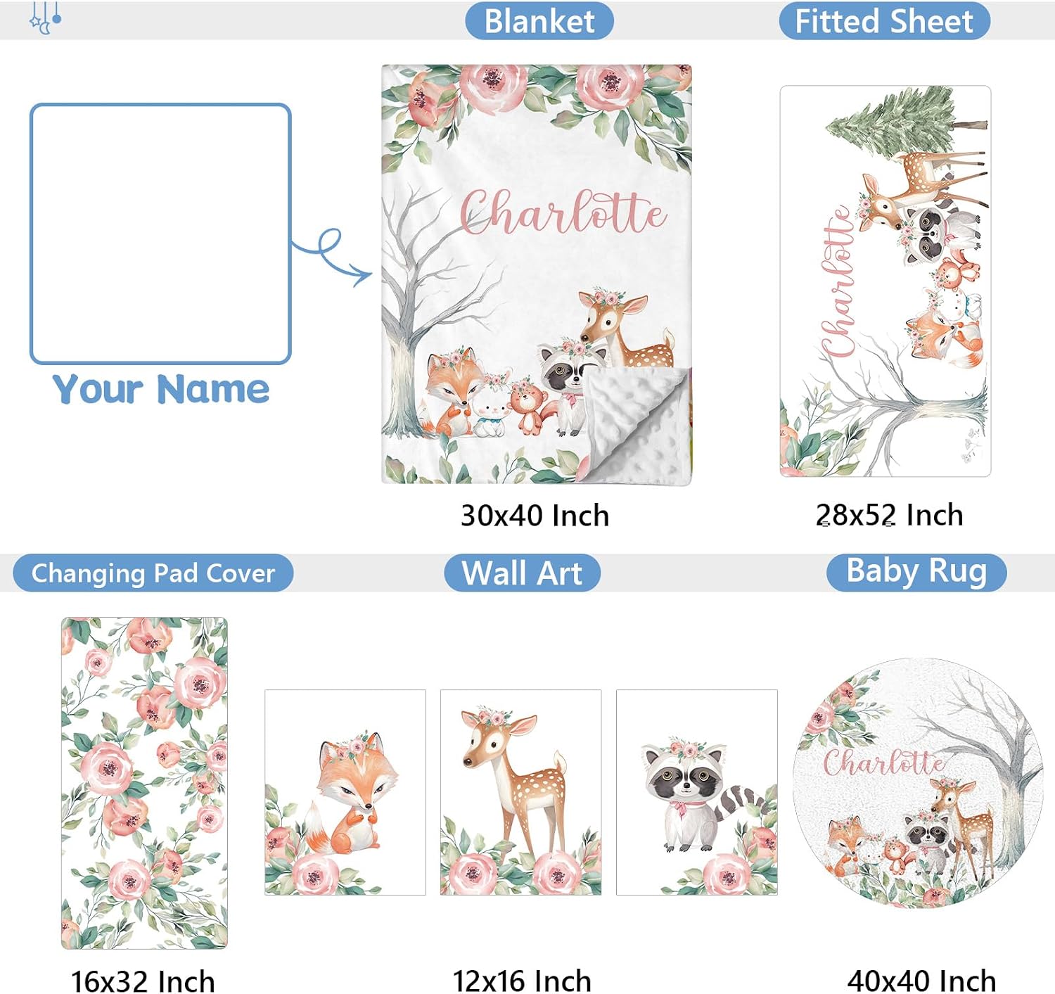 KAINSY Custom Crib Bedding Set 5 Piece for Girls Boys – Personalized Floral Animals Theme, Newborn Sleep Set, Nursery Decor, Toddler Room Essentials, Infant Sleep, Baby Room Accessories, Baby Gift