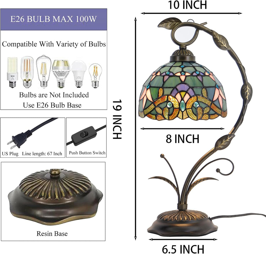 Tiffany Lamp Stained Glass Table Lamp Metal Leaf Base 8X10X19 Inch Reading Desk Light (Baroque Style)
