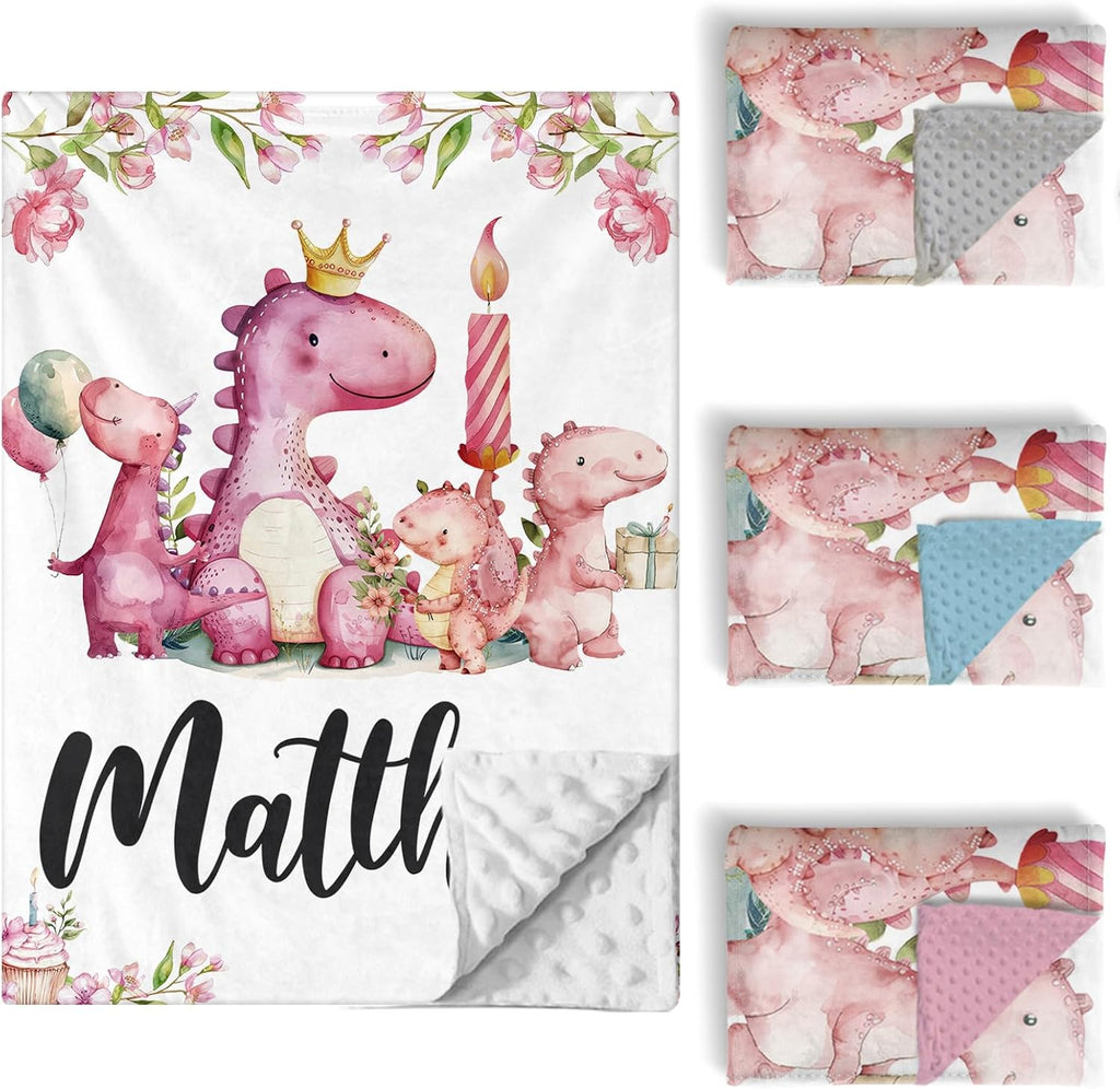 Custom Baby Crib Bedding Set, 5 PCS Personalized Name Baby Crib Sets for Girls Boys, Pink Dinosaur Theme Nursery Bedding Sets for Infant Toddler, Double Layer Flannel Bed Set Customized Gifts