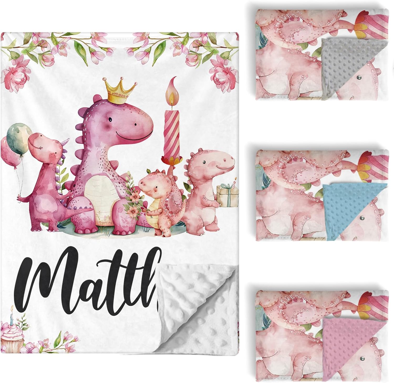 Custom Baby Crib Bedding Set, 5 PCS Personalized Name Baby Crib Sets for Girls Boys, Pink Dinosaur Theme Nursery Bedding Sets for Infant Toddler, Double Layer Flannel Bed Set Customized Gifts
