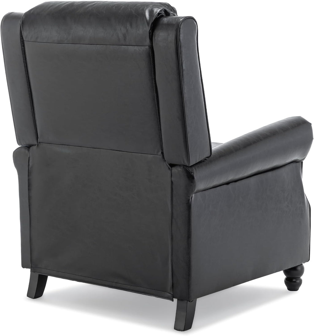 Pushback Recliner Chair, Faux Leather Wingback Recliner Chair, Upholstered Armchair Push Back Recliner with Wood Legs, Rivet Trim Single Sofa Accent Chair for Living Room, Bedroom, Black