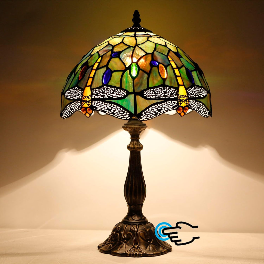 Tiffany Lamp Touch Control Table Lamp Brown Yellow Stained Glass Desk Lamp 12X12X19 Inches Dragonfly Style Reading Light
