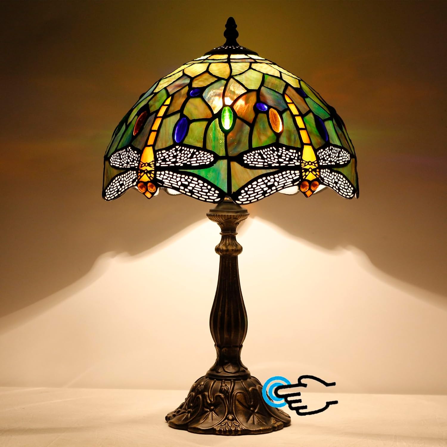 Tiffany Lamp Touch Control Table Lamp Brown Yellow Stained Glass Desk Lamp 12X12X19 Inches Dragonfly Style Reading Light