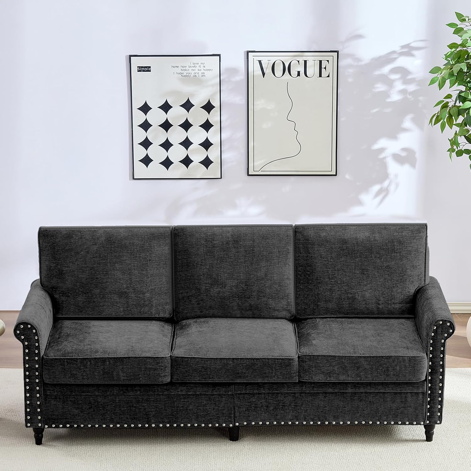 Mjkone 76' Chenille Sofa Couch, 3-Seater Living Room Sofa with Wood Frame, Gourd Shape Wood Legs, 6.7' Thickened Soft Cushion, Rivet Design, Mid Century Modern Couch for Small Spaces, Apartment, Black