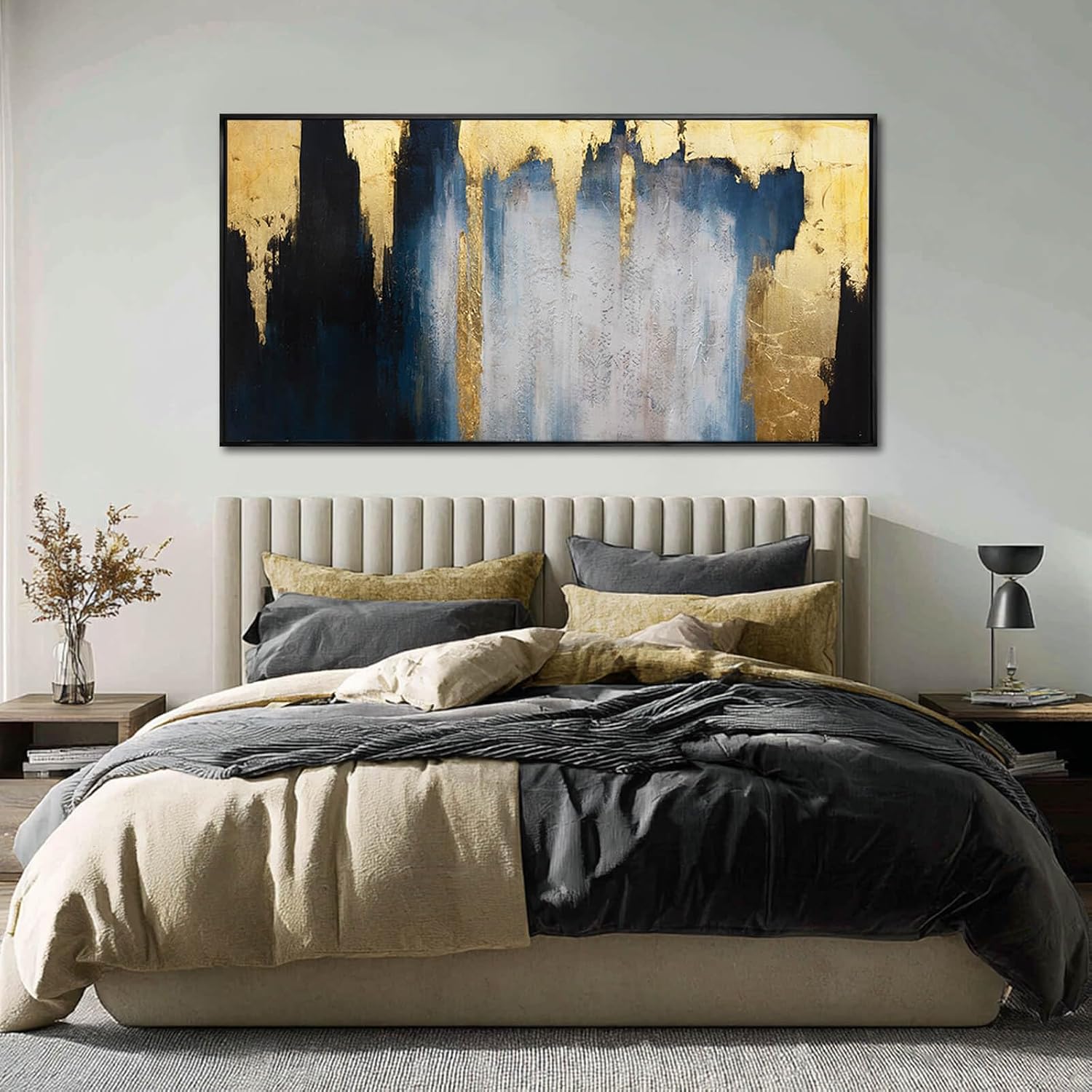 WINKAILIN Abstract Blue and Gold Wall Art with Black Frame Modern 24x48 Canvas Painting Large Artwork for Living Room Bedroom Office Home Decoration