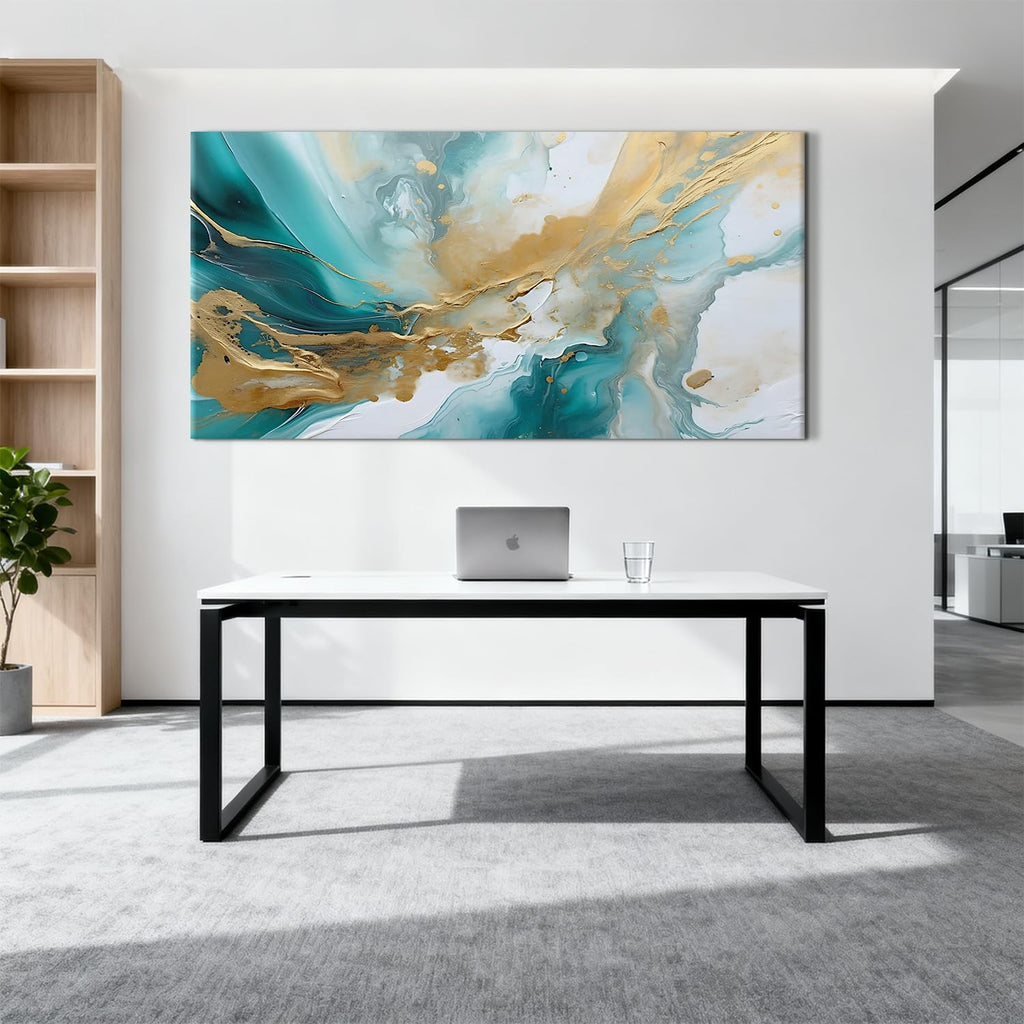 Extra Large Teal Abstract Wall Art Turquoise Wall Decor Living Room Wall Decor Modern Office Decor Marble Painting Teal and Gold Fluid Texture Prints Poster Artwork for Bedroom Decorations 35x70'