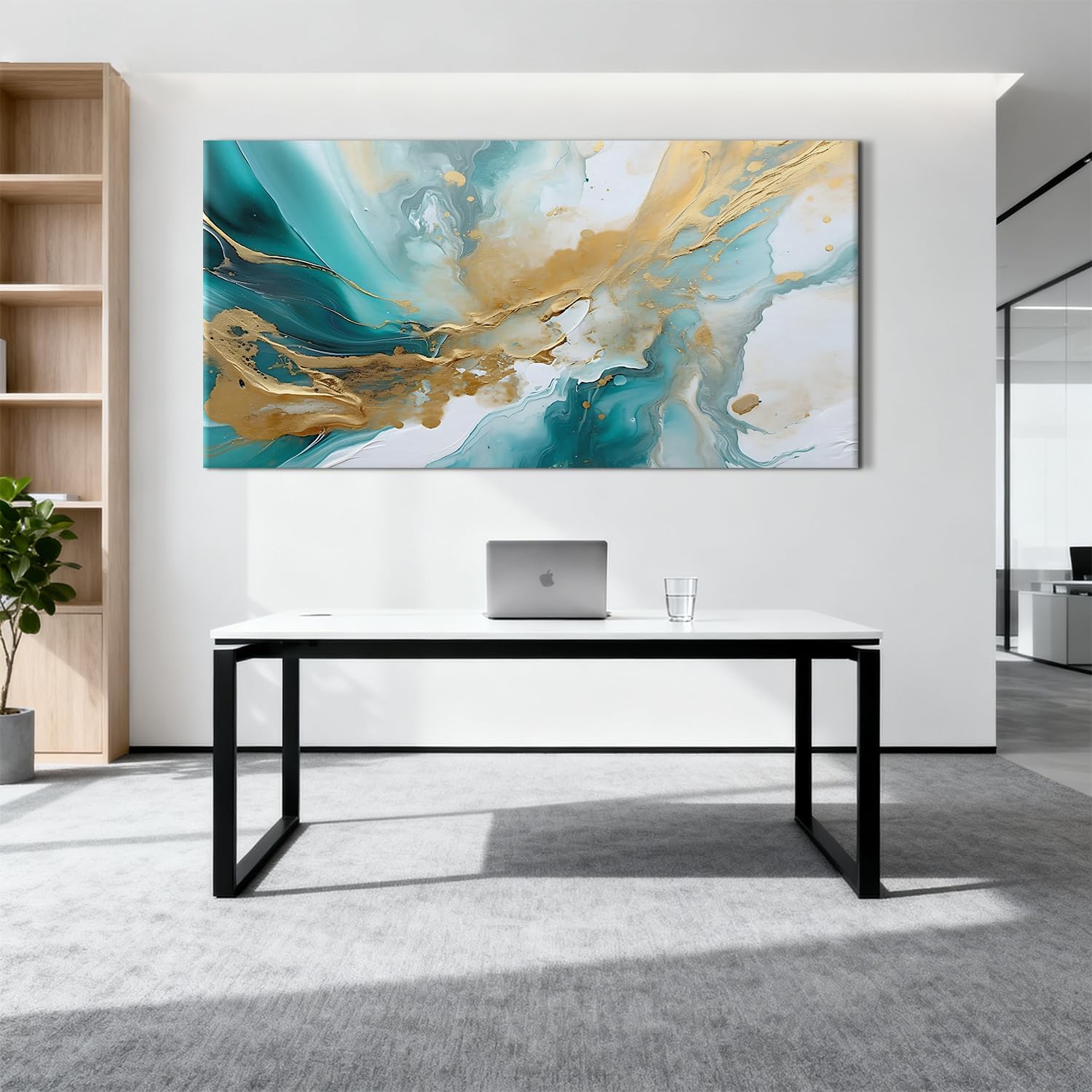 Extra Large Teal Abstract Wall Art Turquoise Wall Decor Living Room Wall Decor Modern Office Decor Marble Painting Teal and Gold Fluid Texture Prints Poster Artwork for Bedroom Decorations 35x70'