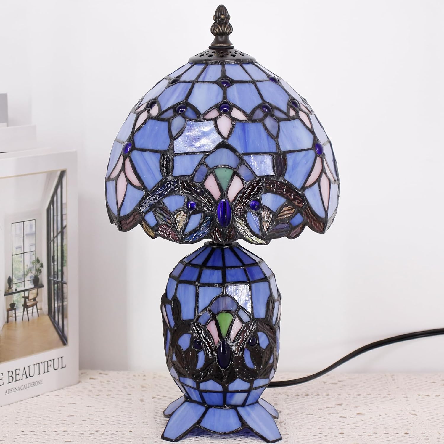 Small Tiffany Lamp Stained Glass Table Lamp Mini Mother Daughter Vase Desk Accent Light for Bedroom Bedside Reading Home Antique Style Decor 8X14 Inches (Blue Baroque)