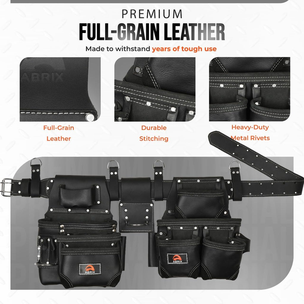 ABRIX Heavy Duty Tool Belt for Men – 4MM Thick Genuine Leather, Brass Buckle & Rivets | Foam Padded Comfort | 28-Pocket Carpenter & Framing Rig with Suspender | Work Belt Fit upto 32' to 52'