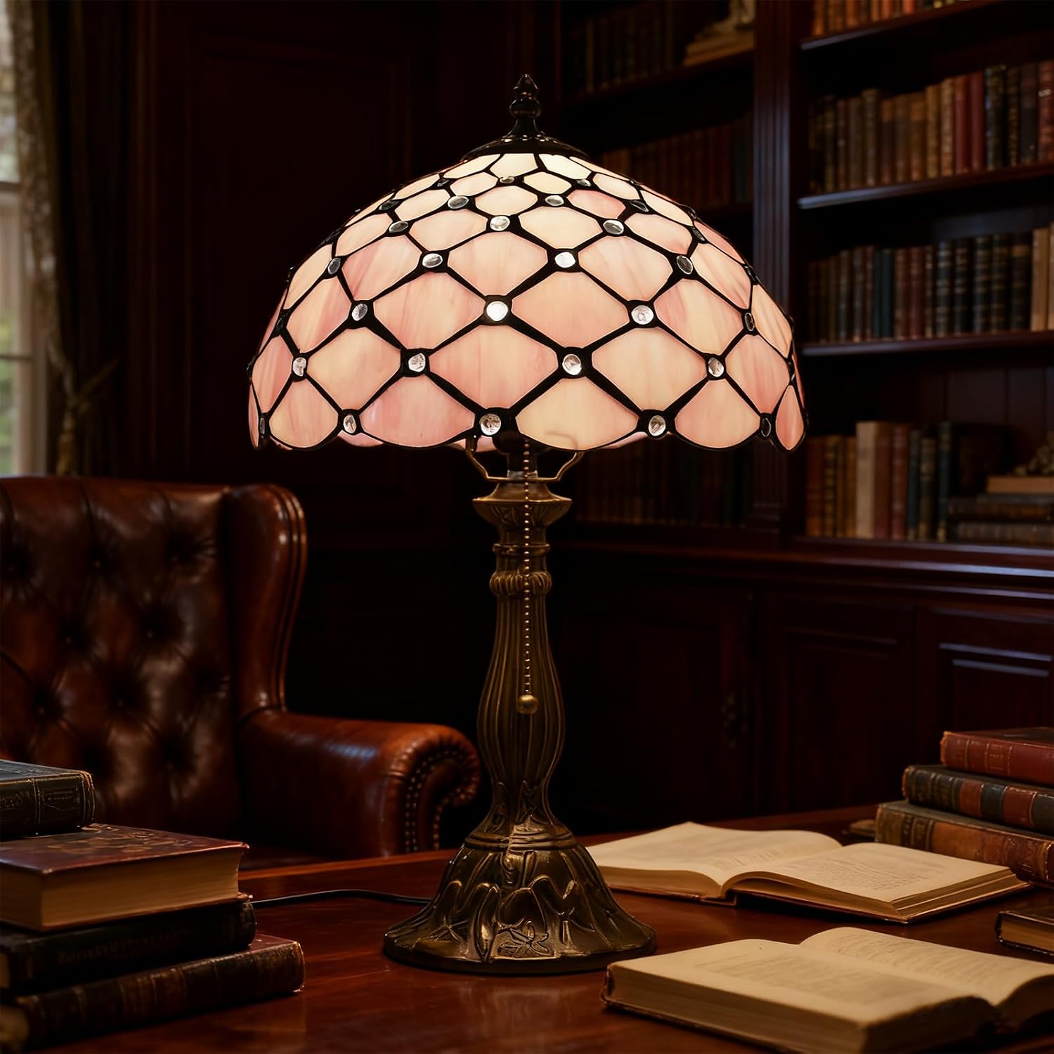 MOAN Lamp Stained Glass Table Lamp 12X12X19 Inch Bedside Reading Light Antique Bronze Base(Pink Pearl Style)