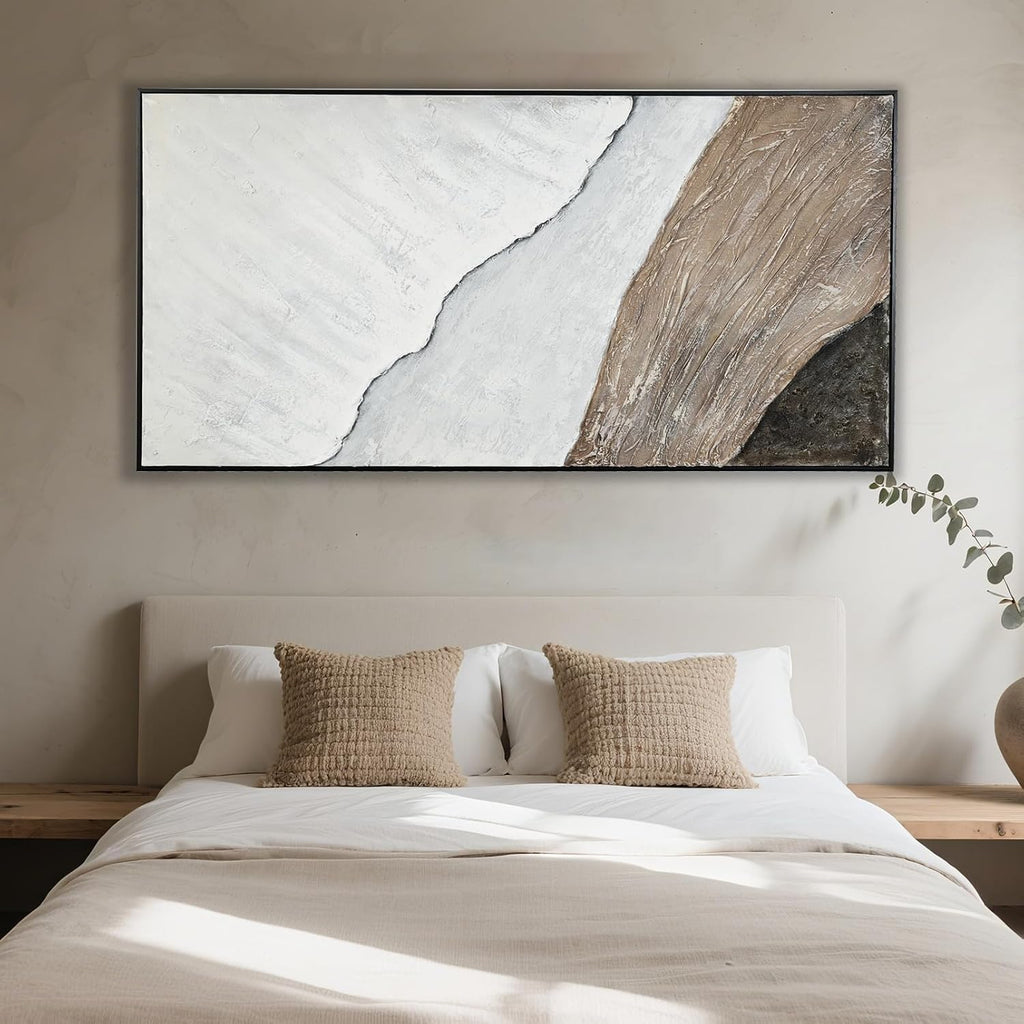 Beach Framed Wall Art Decor, Cuadros para Sala Elegantes y Modernos Dormitorios, Handmade Large Paintings, Living Room Apartment Bedroom Office Kitchen Accessories for Men, Size 29'x58' (White Brown)