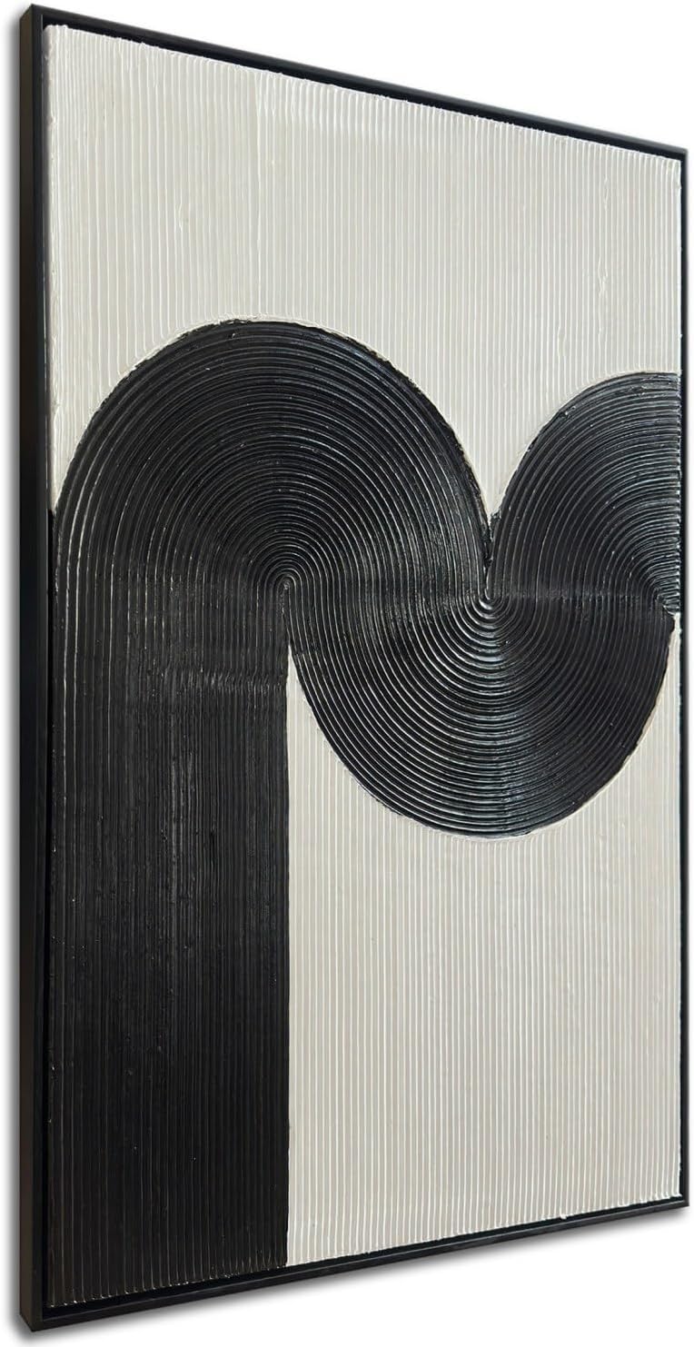 Black Framed Arch Wall Art Black and White 3D Textured Painting Modern Abstract Wabi Sabi Wall Decor Minimalist Wall Painting for Living Room Bedroom