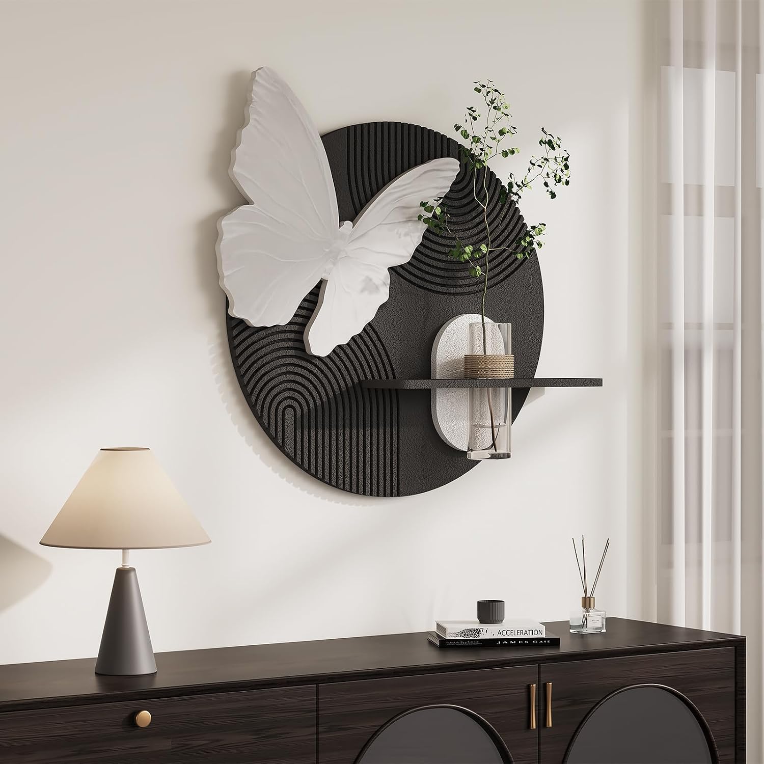 3D Black and White Butterfly Wall Art Decor for Living Room, Modern Minimalist Textured Artwork for Walls with Vase, Geometric Round Sandstone Wall Decor for Dining Room Hallway Bedroom Office