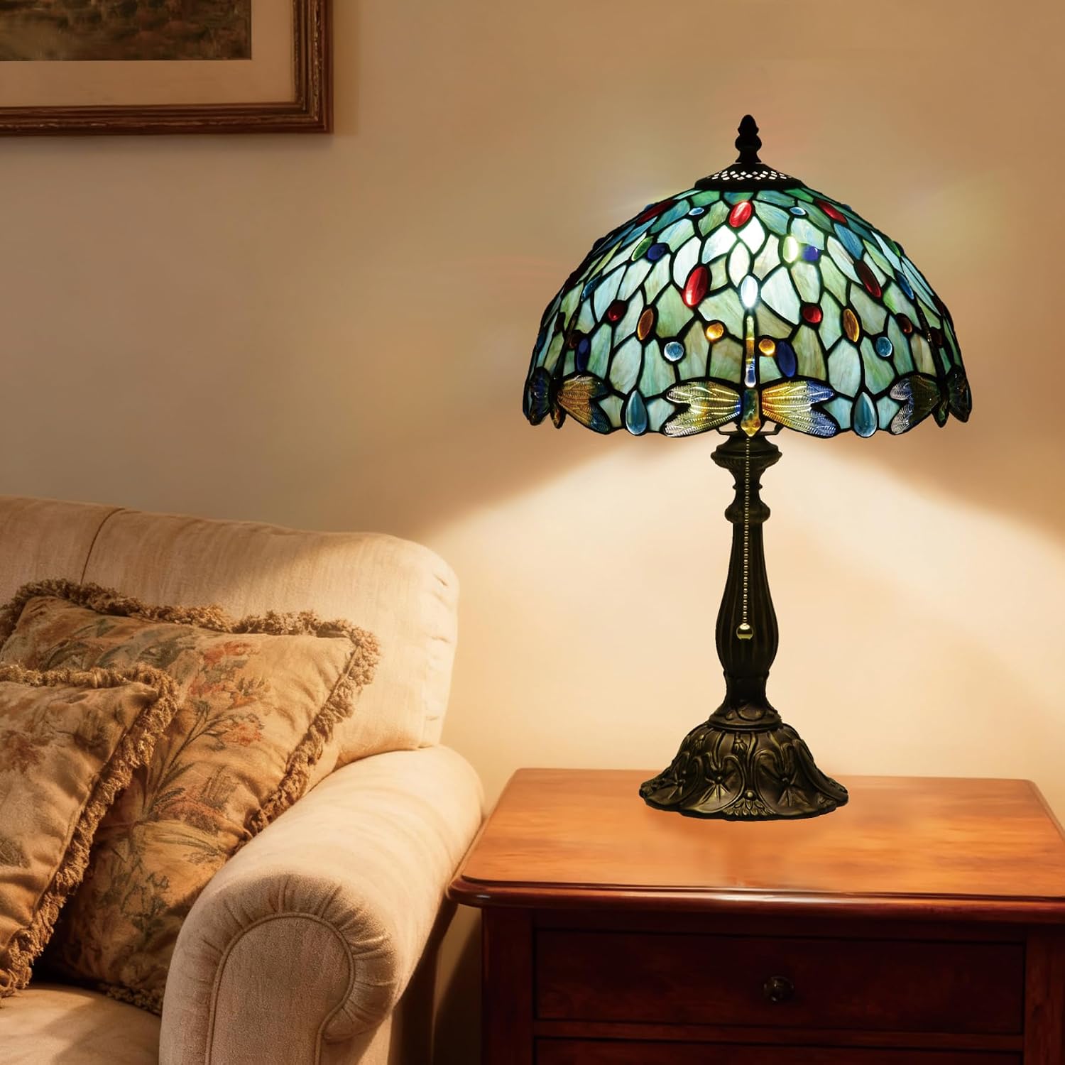 Tiffany Style Stained Glass Table Lamp 12-inch Dia Ocean Blue Dragonfly Design Lampshade Vintage Nightstand Light for Bedroom Dorm Living Hallway Cottage Office Cafe Ceremony Housewarming Gift