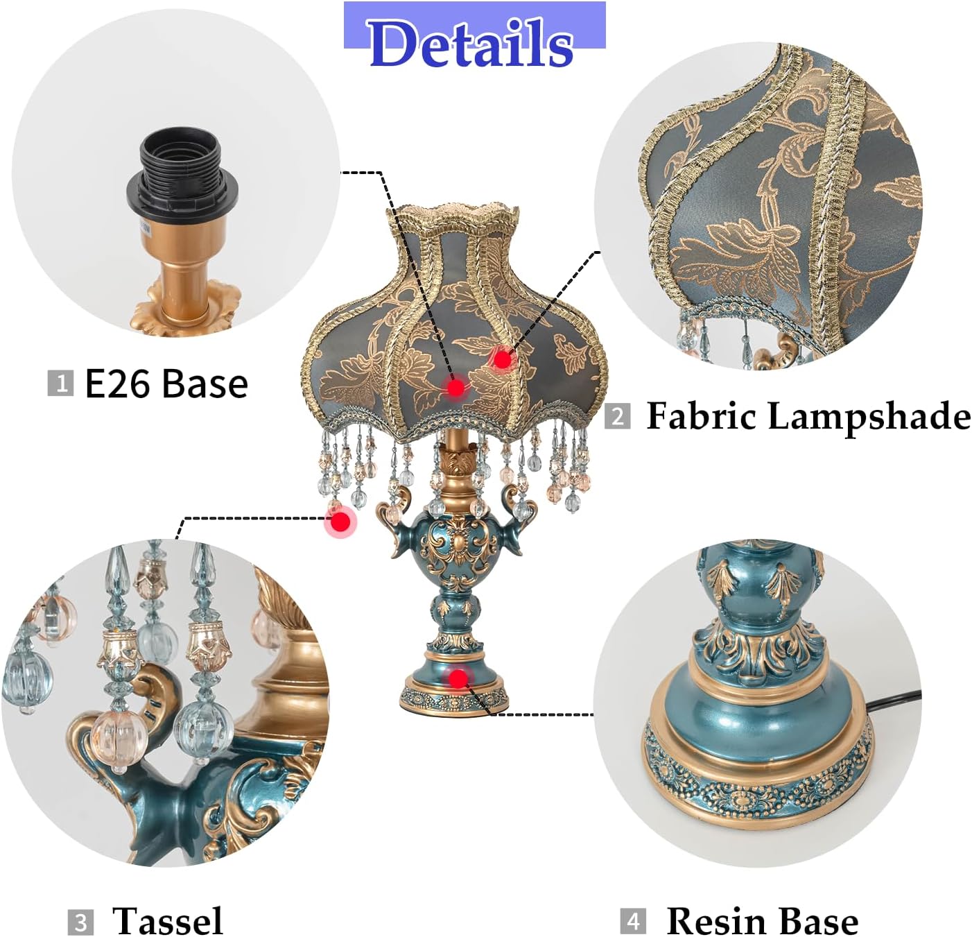 Victorian Style Table Lamp, Antique Flower Decorative Bedside Desk Lamp, Blue Fabric Night Light Elegant Bedside Nightstand Lamps for Bedroom Living Room