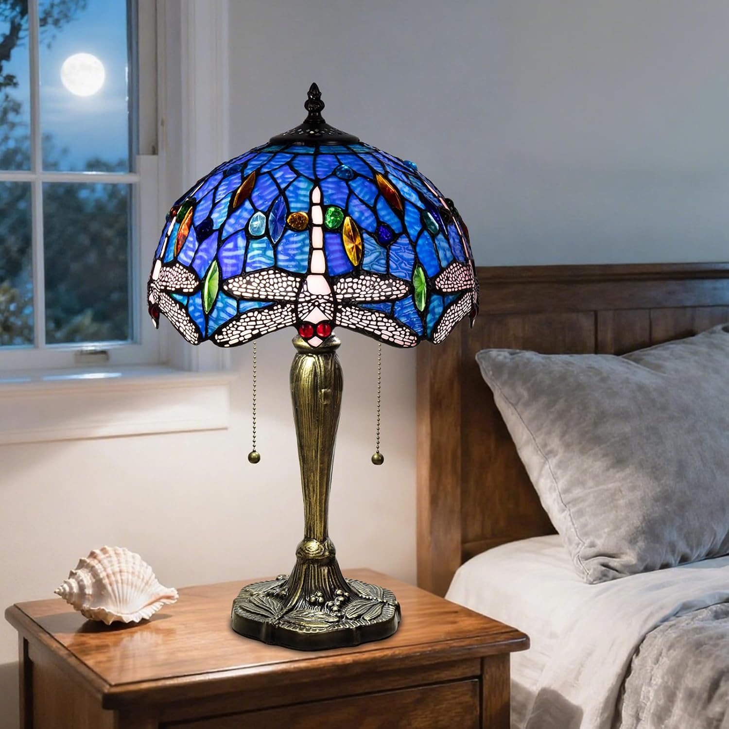 Small Tiffany Table Lamp, Blue Dragonfly Stained Glass Lamp,12 Inch Tiffany Style Lamp for Bedroom Living Room Home, Handcrafted Light, Included Bulb