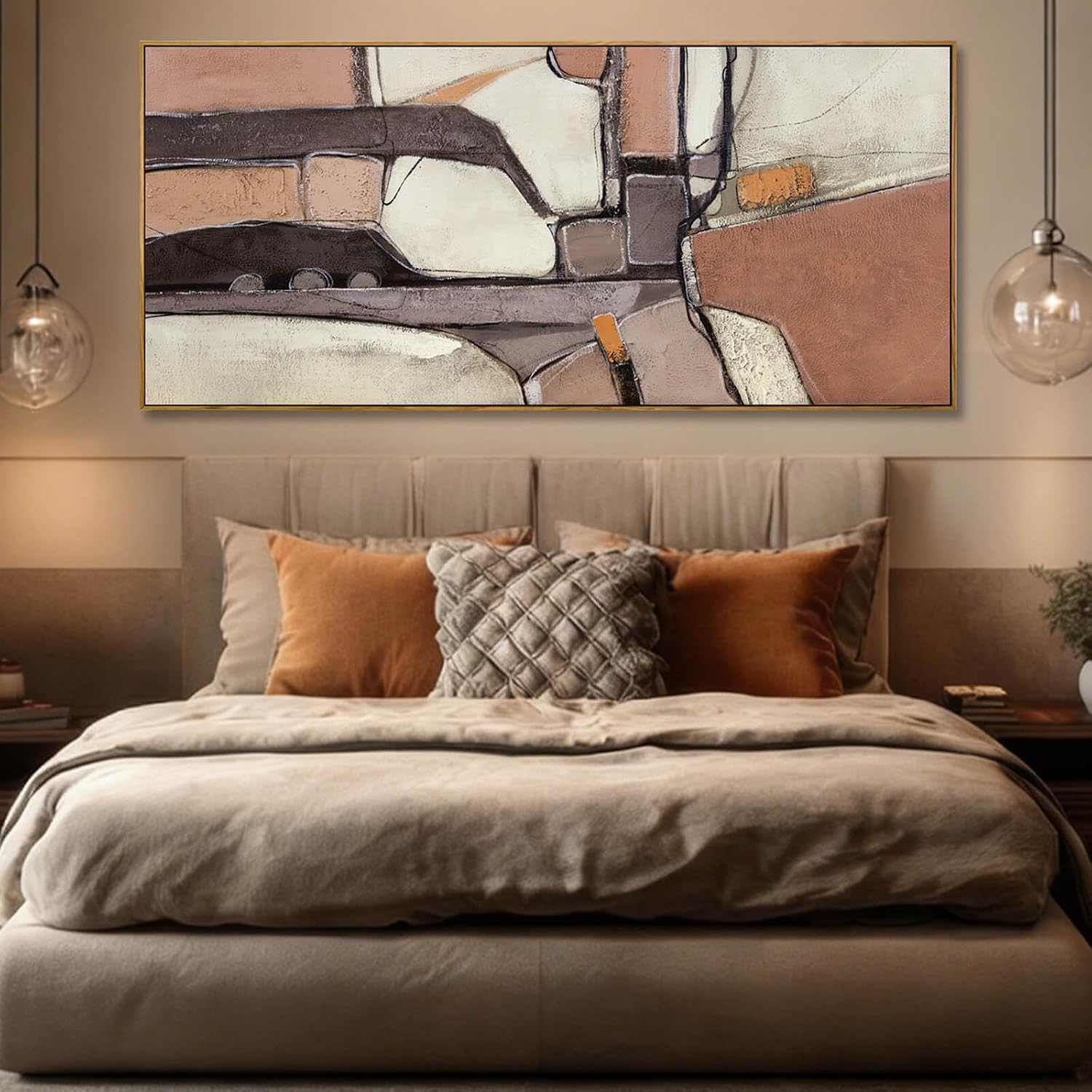ZENPEE Brown & Grey Abstract Canvas Wall Art 32x71, Neutral Off-White Geometric Design with Wooden Frame, Modern Oversized wall art for living room