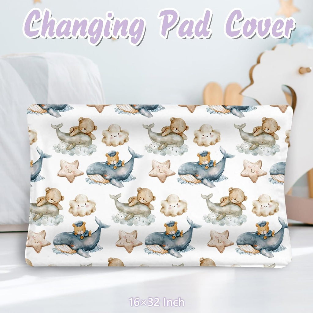 Custom Baby Crib Bedding Set, 5 PCS Personalized Name Baby Crib Sets for Girls Boys, Sleeping Bear Theme Nursery Bedding Sets for Infant Toddler, Double Layer Flannel Bed Set Customized Gifts